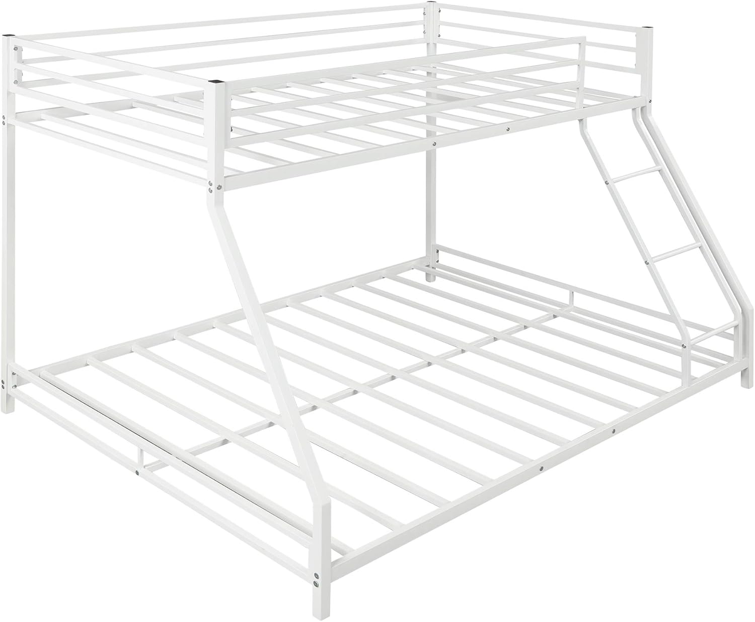 Actual Metal Floor Bunk Bed, Floor Twin Over Full Bunk Bed Frame with Sloping Ladder and Safety Guardrails, No Box Spring Needed, Space-Saving (White)