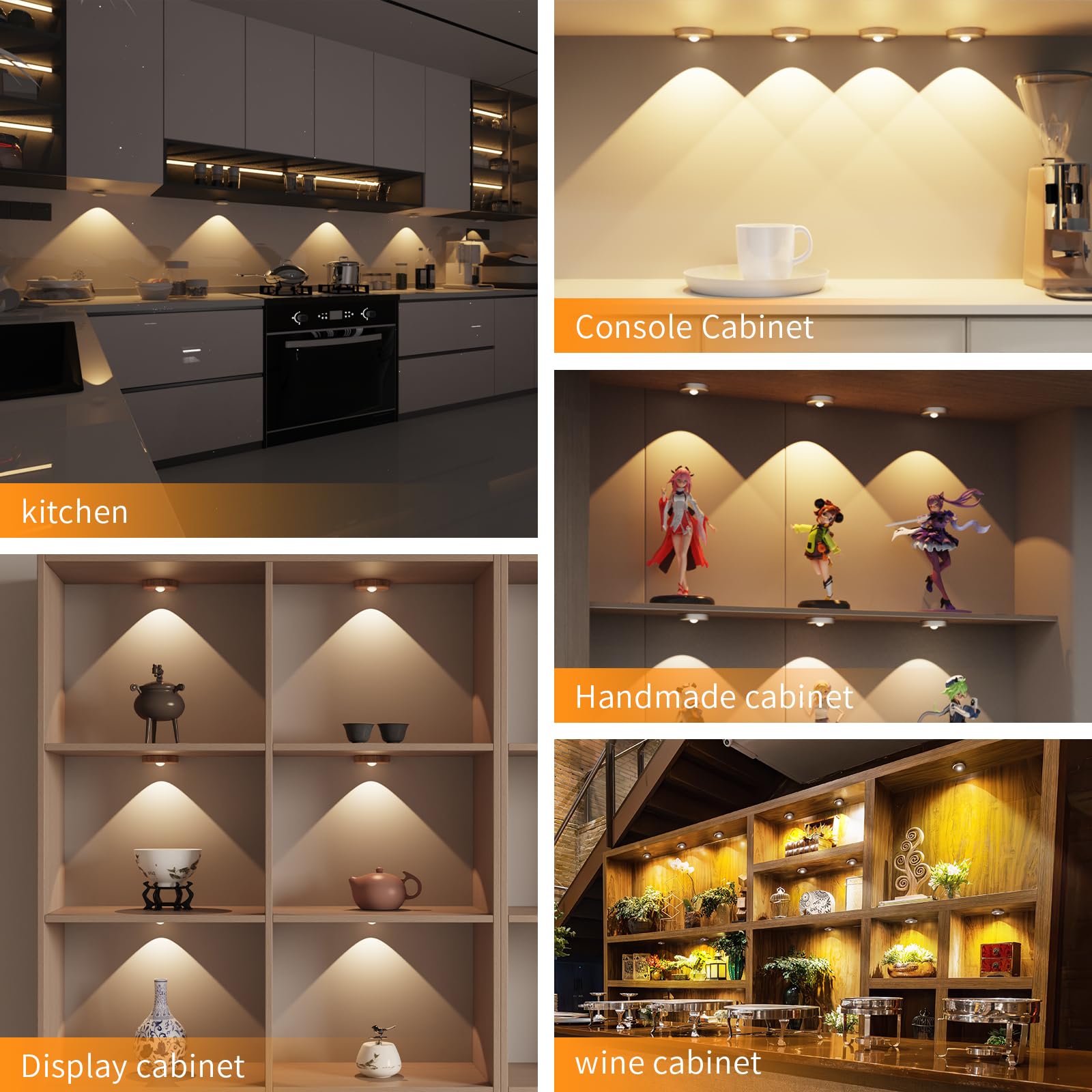 Luces de disco inalámbricas con control remoto, recargable de 2200 mAh debajo del mostrador, 3 temperaturas de color regulables debajo del gabinete, luz de armario, luz clave para pasillo (plata, 3