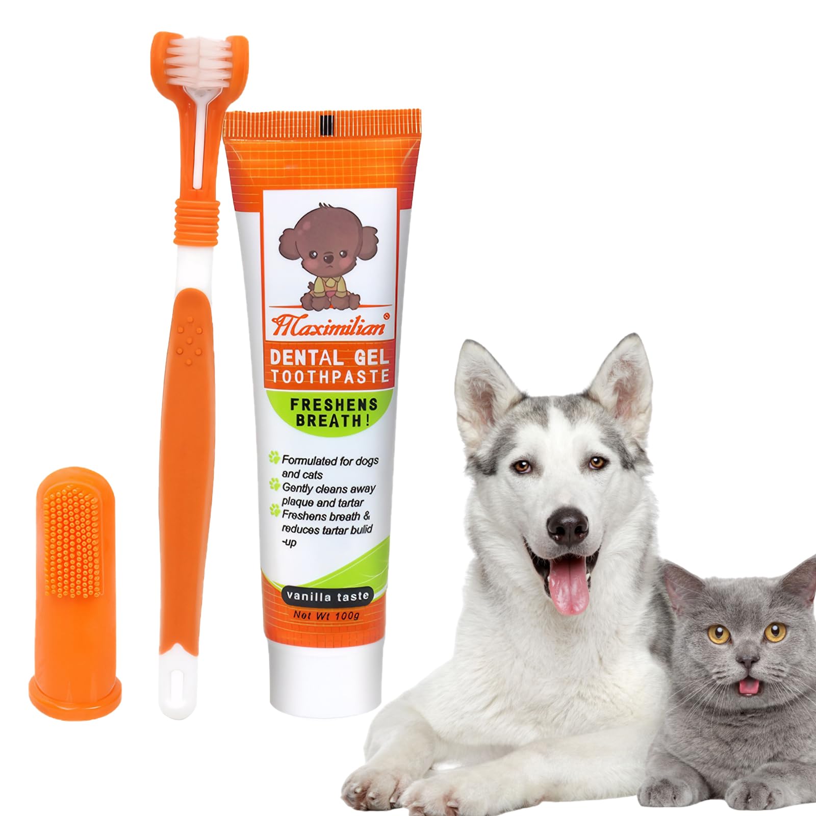 Dog Toothpaste and Brush 3PCS Soft Bristle Dog Dental Care Kit Puppy Dogs & CatsThree-Sided Toothbrush Teeth Finger Brush with Paste Plaque Tartar Remover Breath Freshener