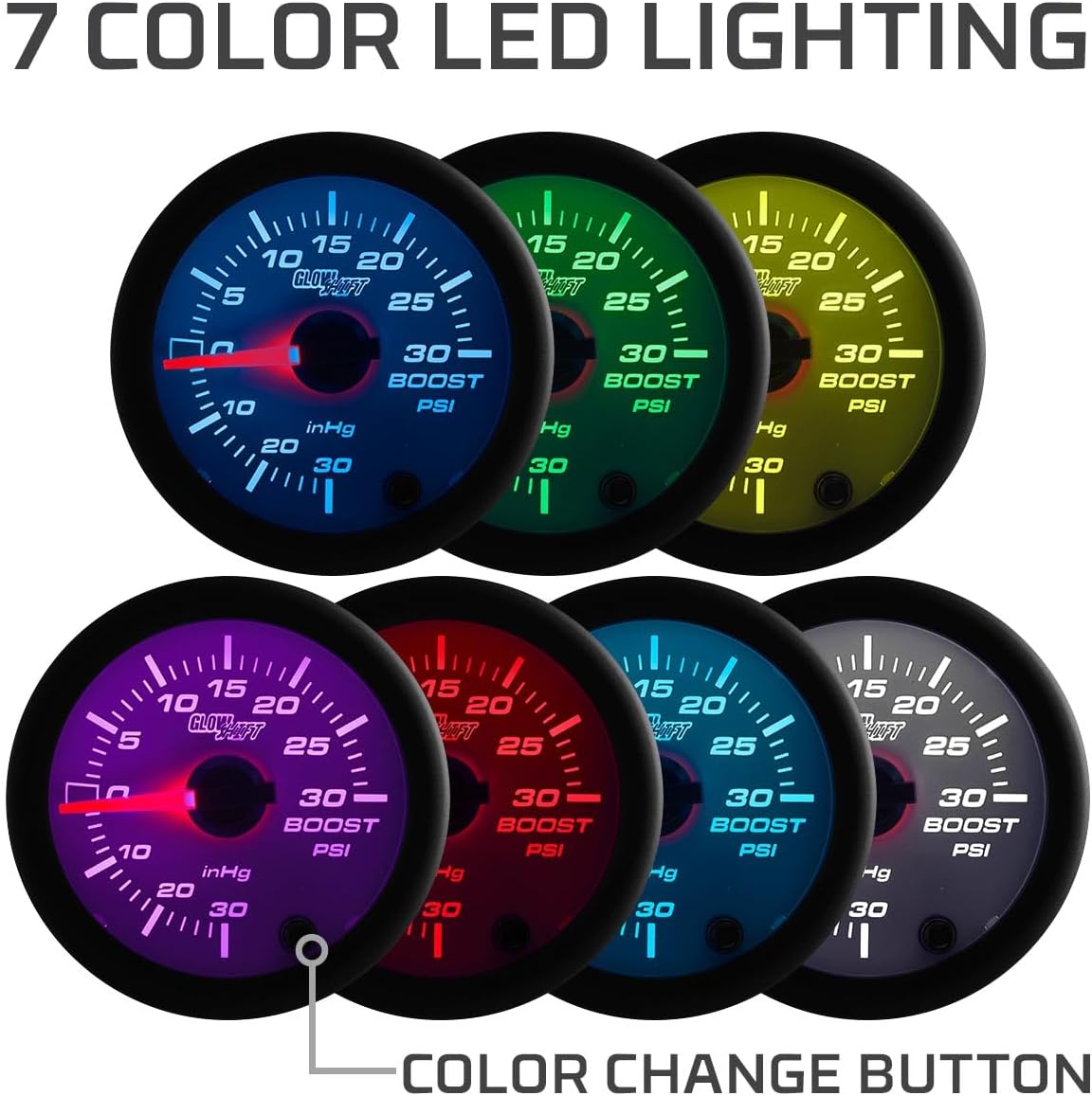 GlowShift White 7 Color 30 PSI Turbo Boost/Vacuum Gauge Kit - Includes Mechanical Hose, T-Fitting & Wiring - Multi-Color Display - White Dial - Clear Lens - for Car & Truck - 2-1/16" 52mm