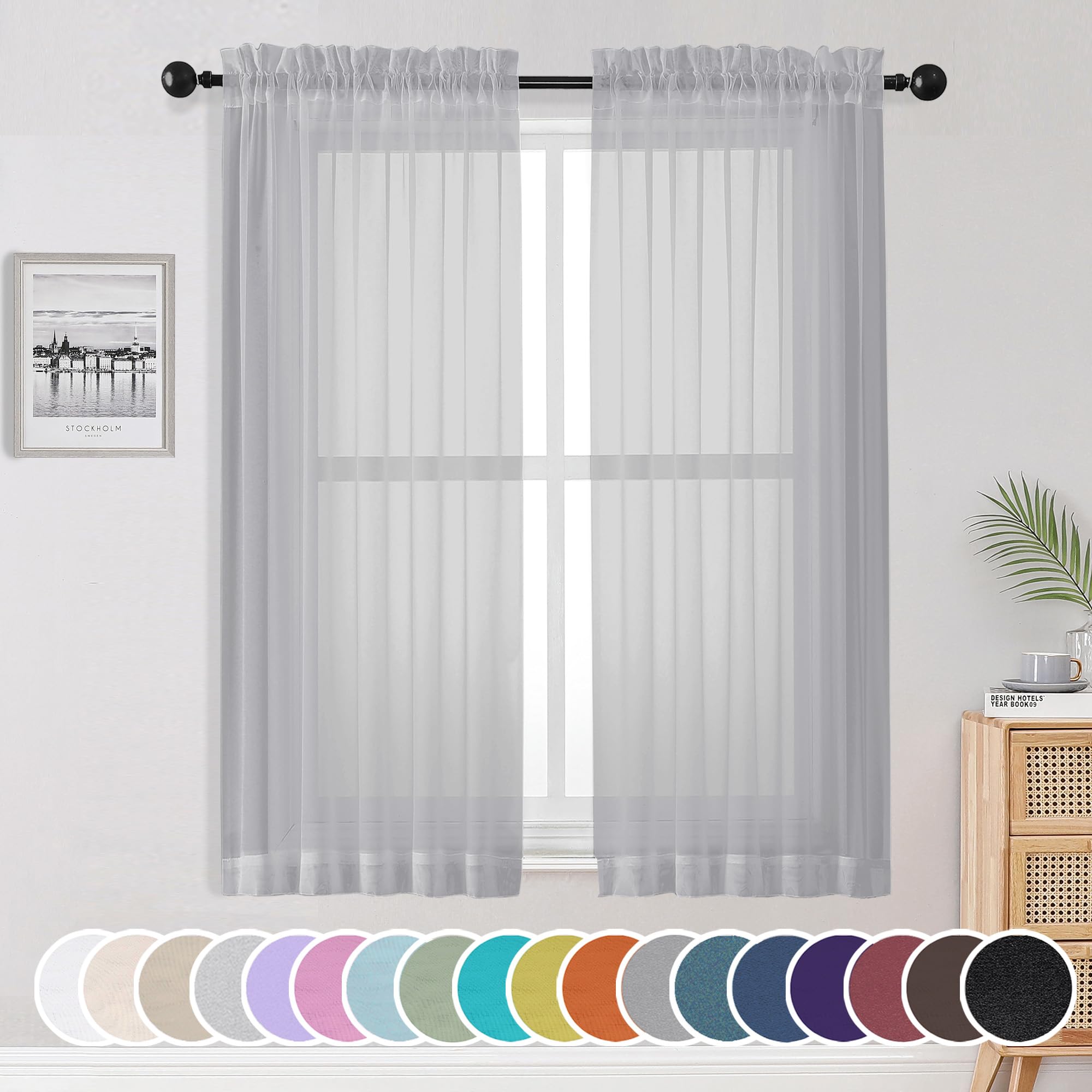 OWENIE Sheer Curtains 63 inch Length for Bedroom Living Room 2 Panels Set, Rod Pocket Top Fimly Sheer Vertical Curtains &amp; Drapes, Soft Light Weight Airy Sheer Curtians for Basement Bathroom, 42"x63"