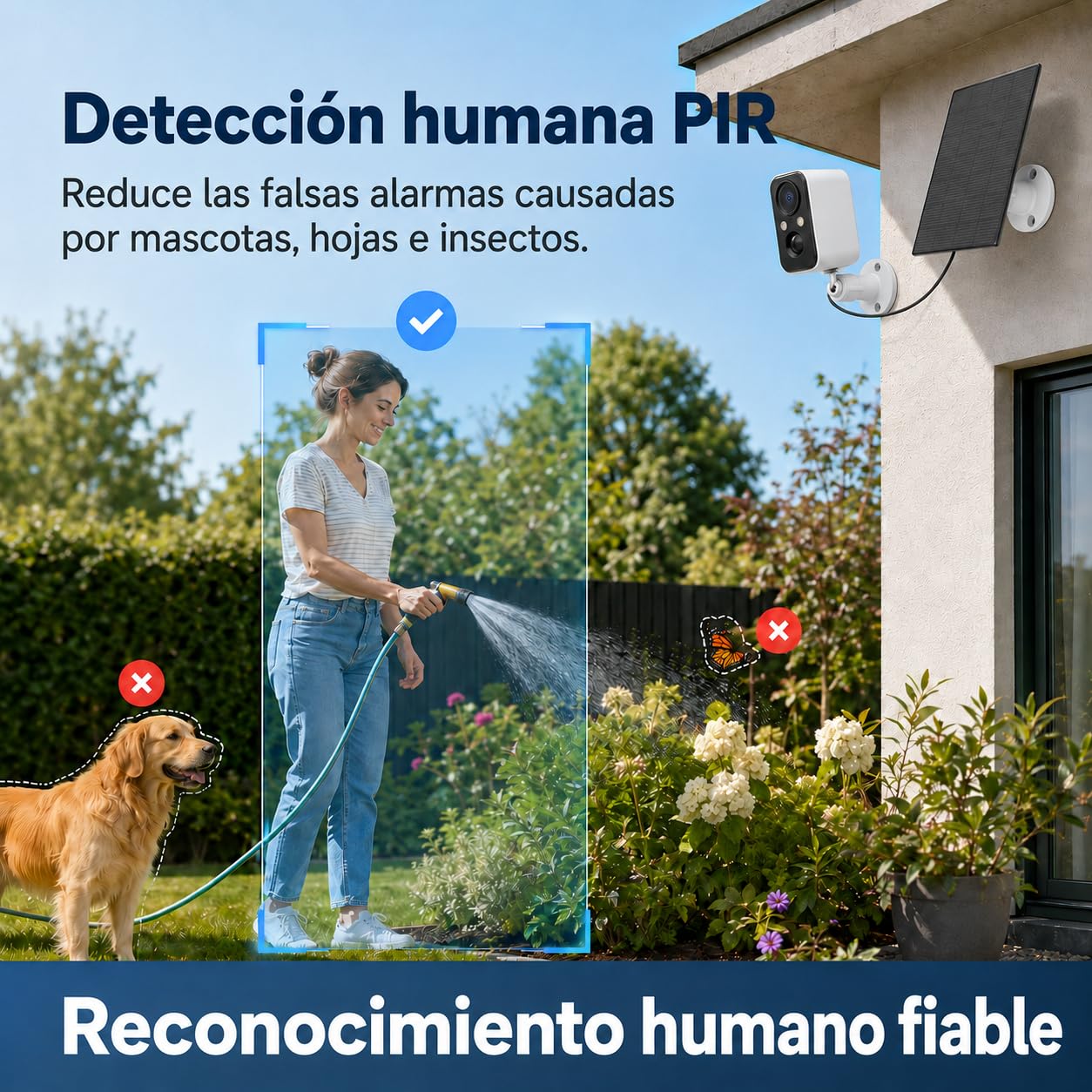 Pack de 3 Cámaras de Seguridad Solar 2K WiFi para Exterior, Visión Nocturna a Color, Detección PIR, Audio Bidireccional, Foco Integrado, IP66 Impermeable, para Hogar, Patio, Entrada y Garaje