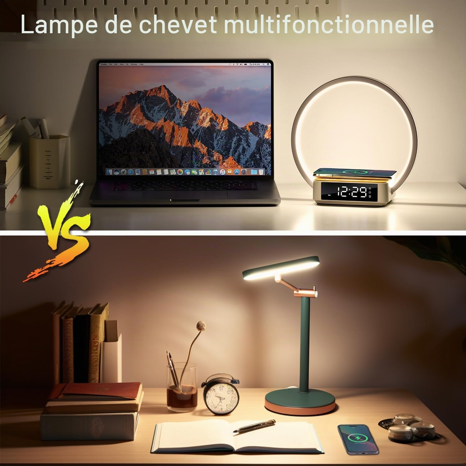 Lampe de Chevet Tactile Dimmable,10W Lampe de table avec Chargeur sans Fil de Réveil lumineux,Lampe de bureau avec Affichage de l'horloge 3 Niveaux de Luminosié Pour chambre à coucher, bureau