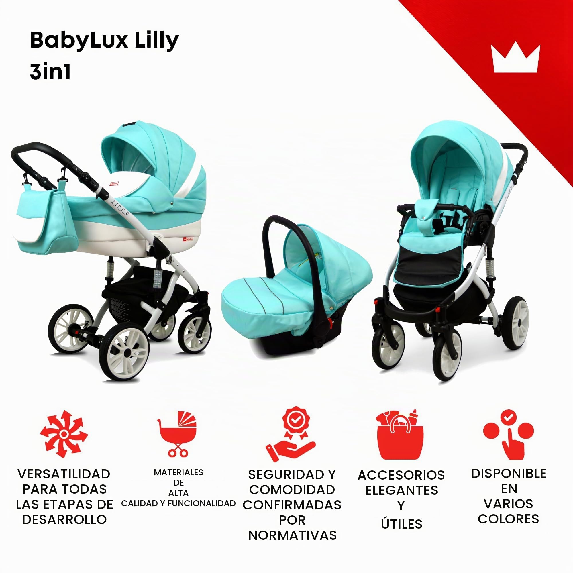 BabyLux® Carrito de Bebé Sistema de Viaje Set 3 en 1 - Lilly - incl. Capazo, Silla de Paseo, Silla Coche - Cochecito - con Bolso cambiador, Cubierta para la lluvia, Mosquitera etc.
