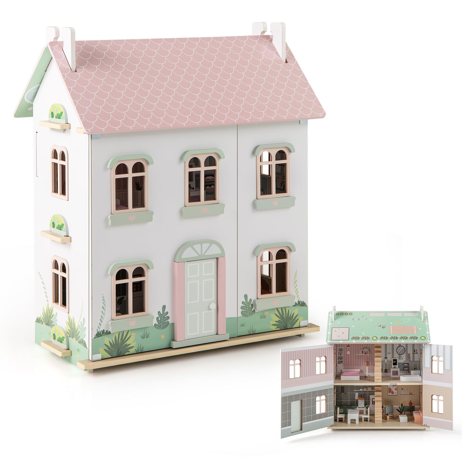 RELAX4LIFE Casa delle Bambole Realistica, Casetta in Legno per Bambini a 3 Piani e 5 Stanze con 1 Balcone, Casa delle Bambole Gigante con Mobili Divertenti, Multicolore, 61 x 26,5 x 71 cm (5)