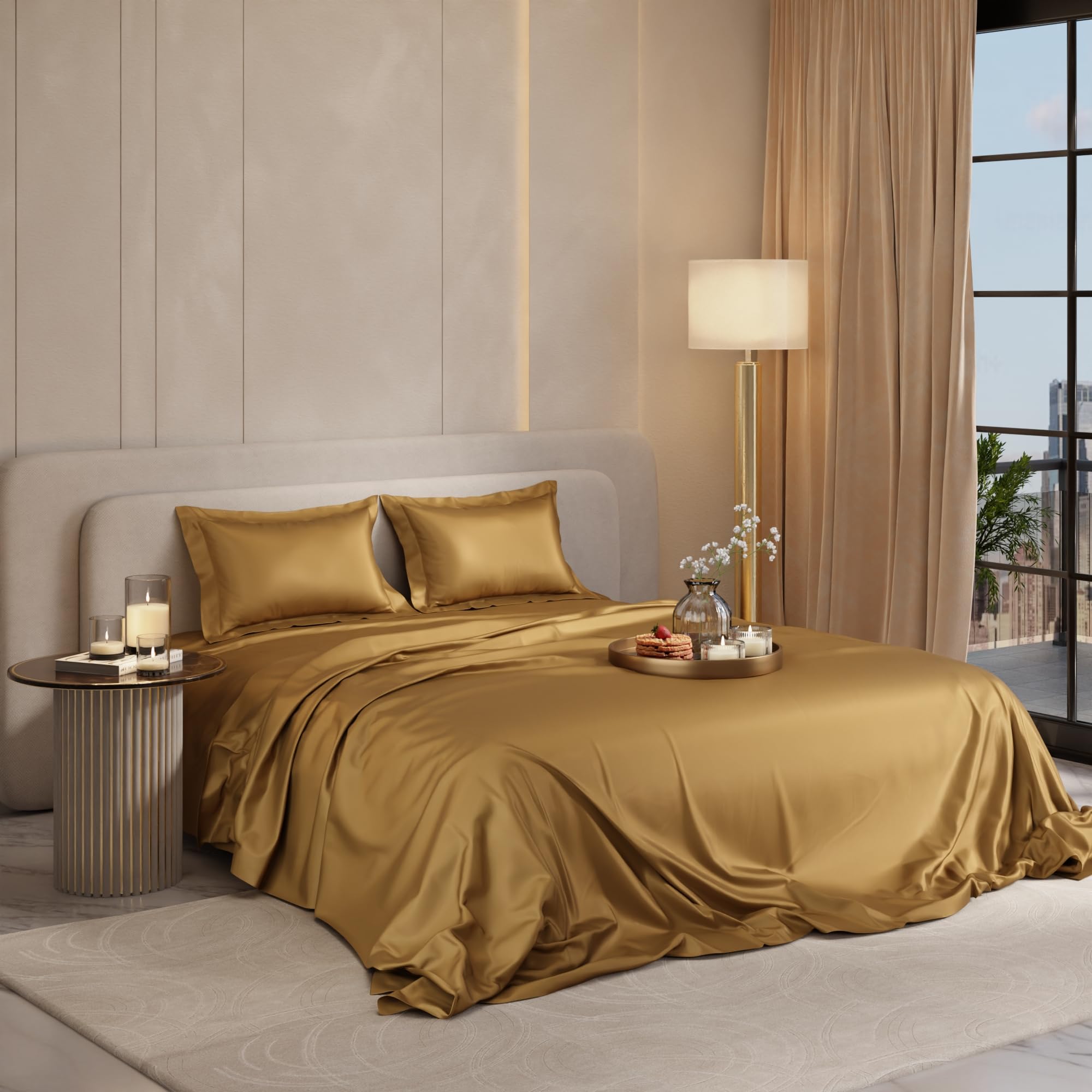 Stoa Paris Satin Bedsheet King Size with 2 Pillow Covers, 300TC Premium Bedsheets King Size, Home Decor, Ultimate Comfort, 274 cm x 228 cm, Date Night - Eternal Glow