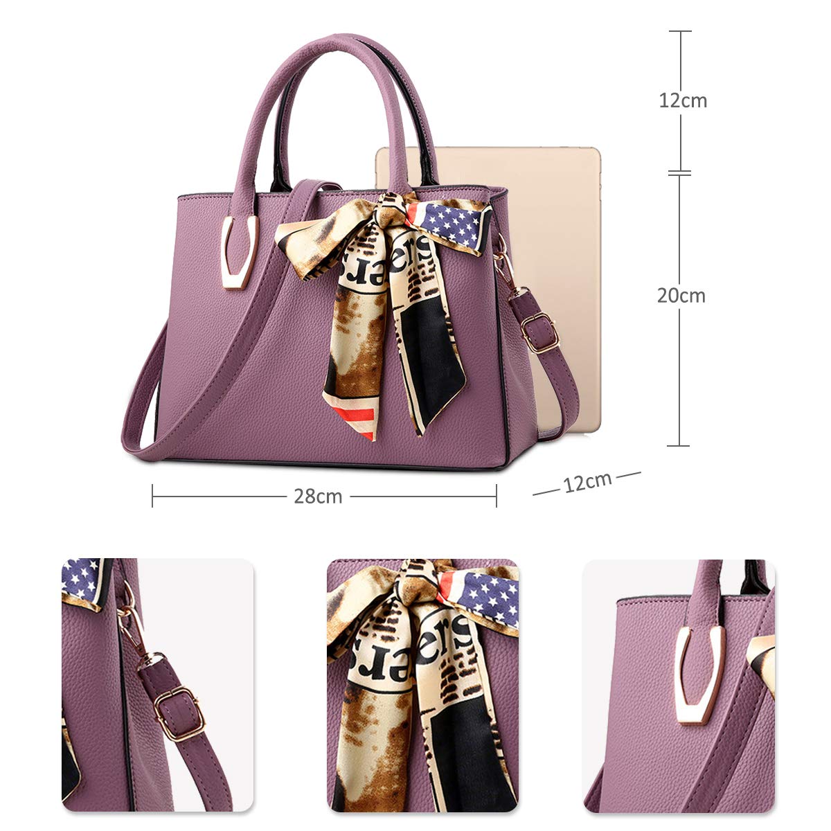 ADITAM - Bolso de mano para mujer, de piel sintética, con lazo, gran capacidad, con muchos compartimentos, color morado