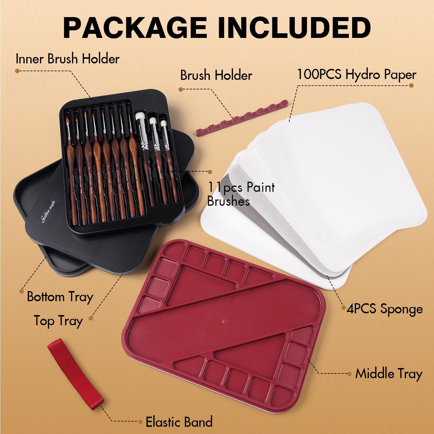 Golden Maple Kit di pittura in miniatura con tavolozza bagnata, 11 pennelli per dettagli, pennello a secco, 100 fogli di carta per pallet bagnati, 4 spugne, porta pennelli per mescolare la vernice