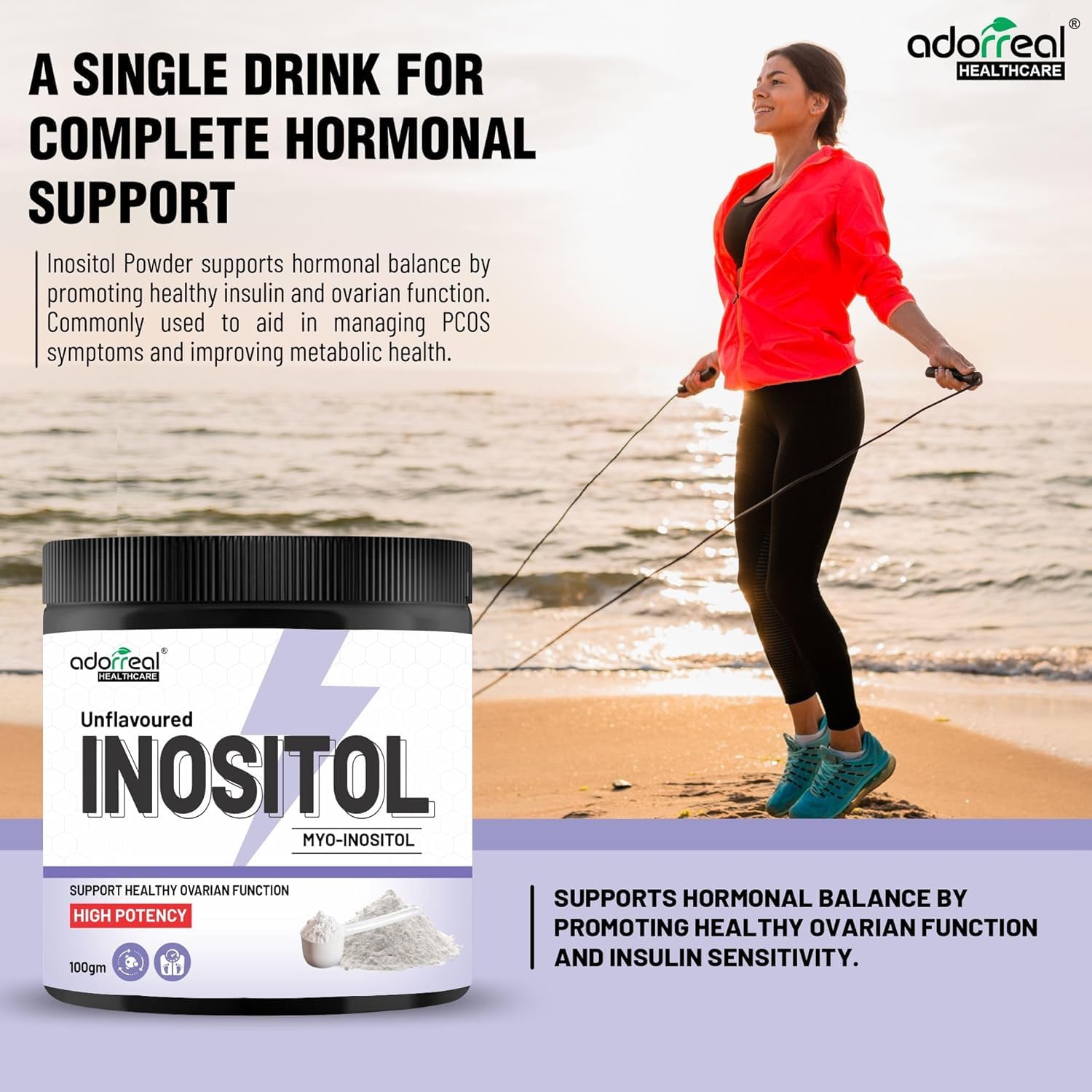 Adorreal Inositol Powder, Unflavoured Myo-Inositol Supplement, High Potency,100gm 2