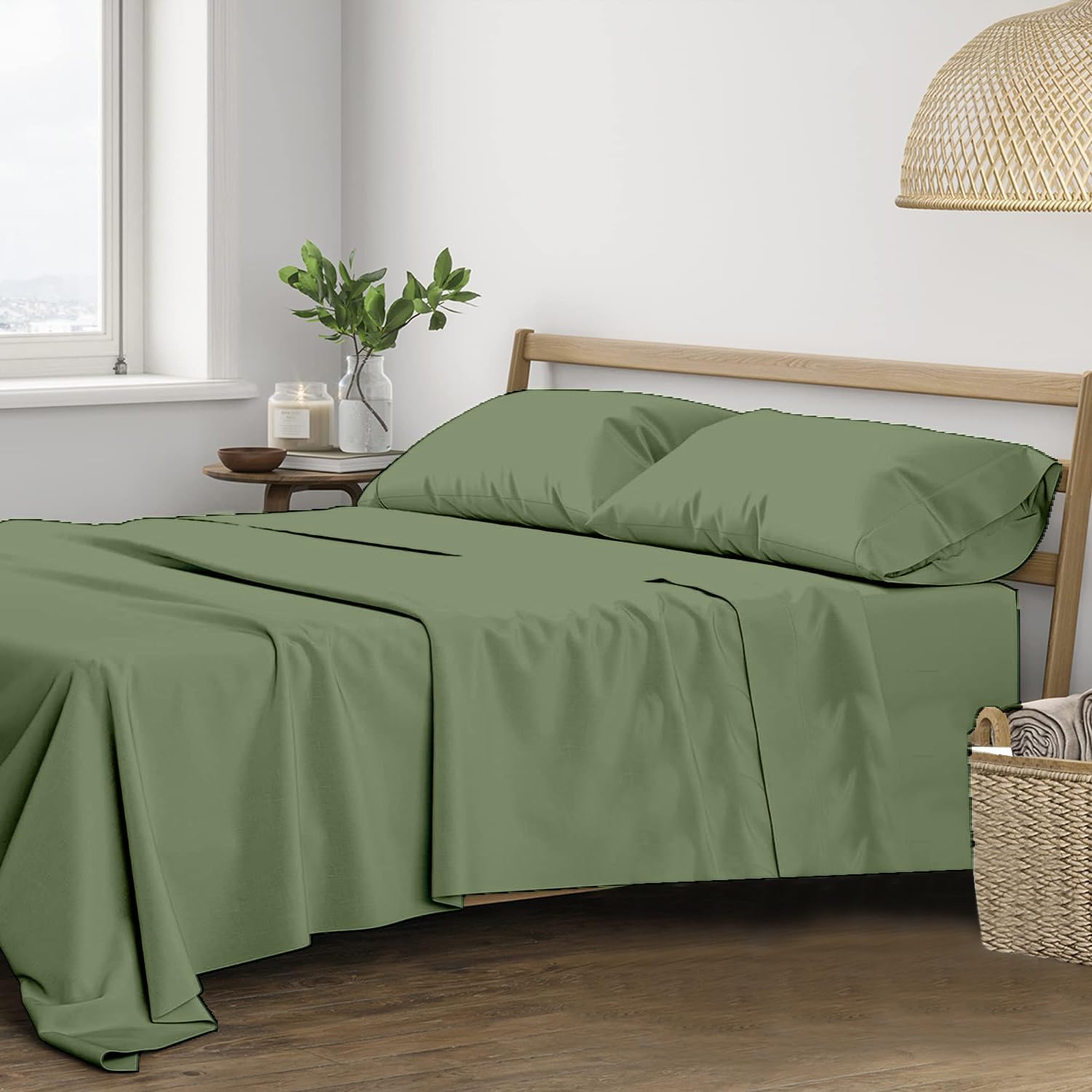 Trance Home Linen Pure 100% Cotton 400TC Plain King Size Bedsheet with 2 Pillow Covers (108 x 108 Inch | 9ft x 9ft, Green)