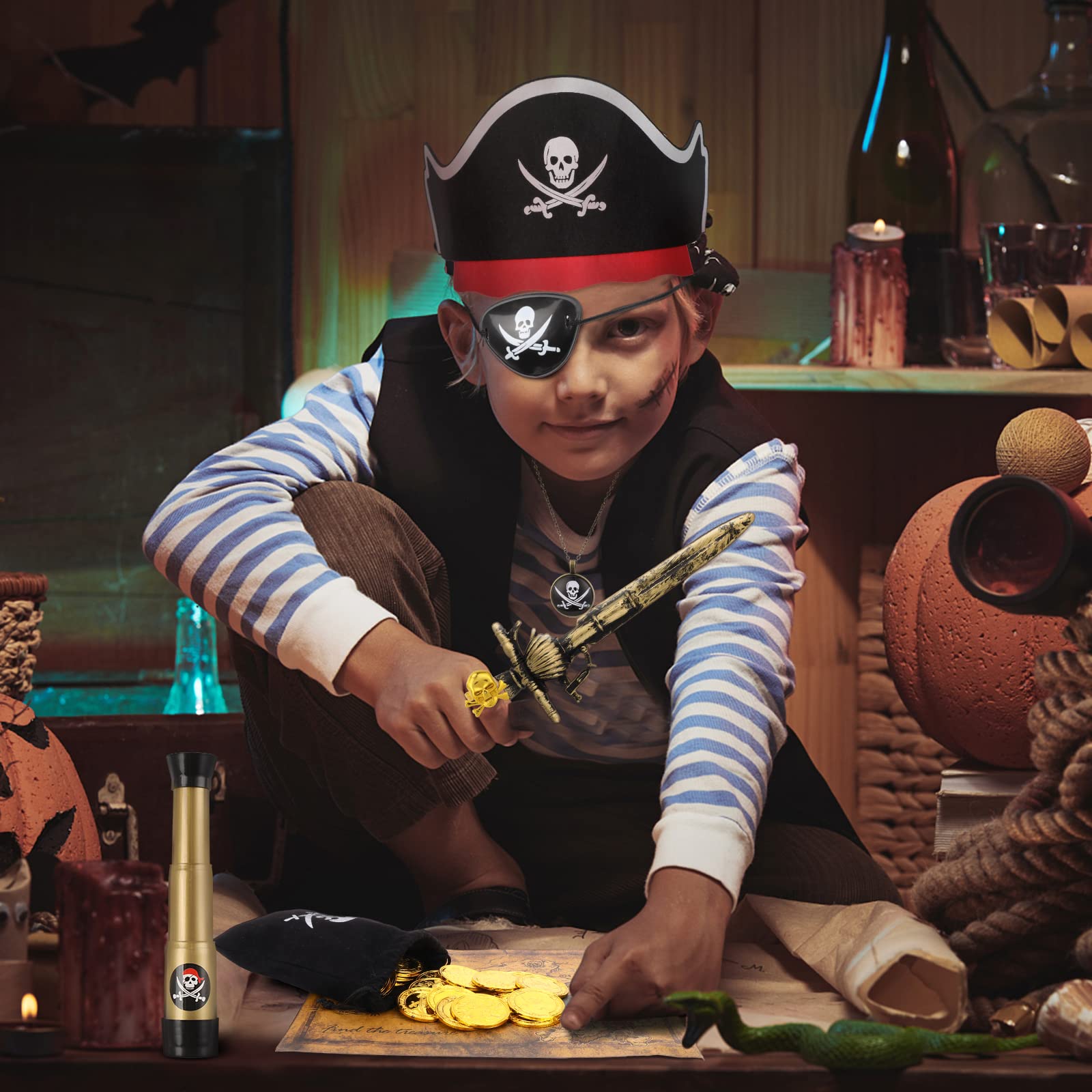 29 sztuk akcesoria do kostiumów piratów, kapeluszy, naszywki, motyw pirackiego oka kompasu, naszyjnika, monety, mapa, kostium kapitana pirata, na karnawał dla chłopców, dziewcząt