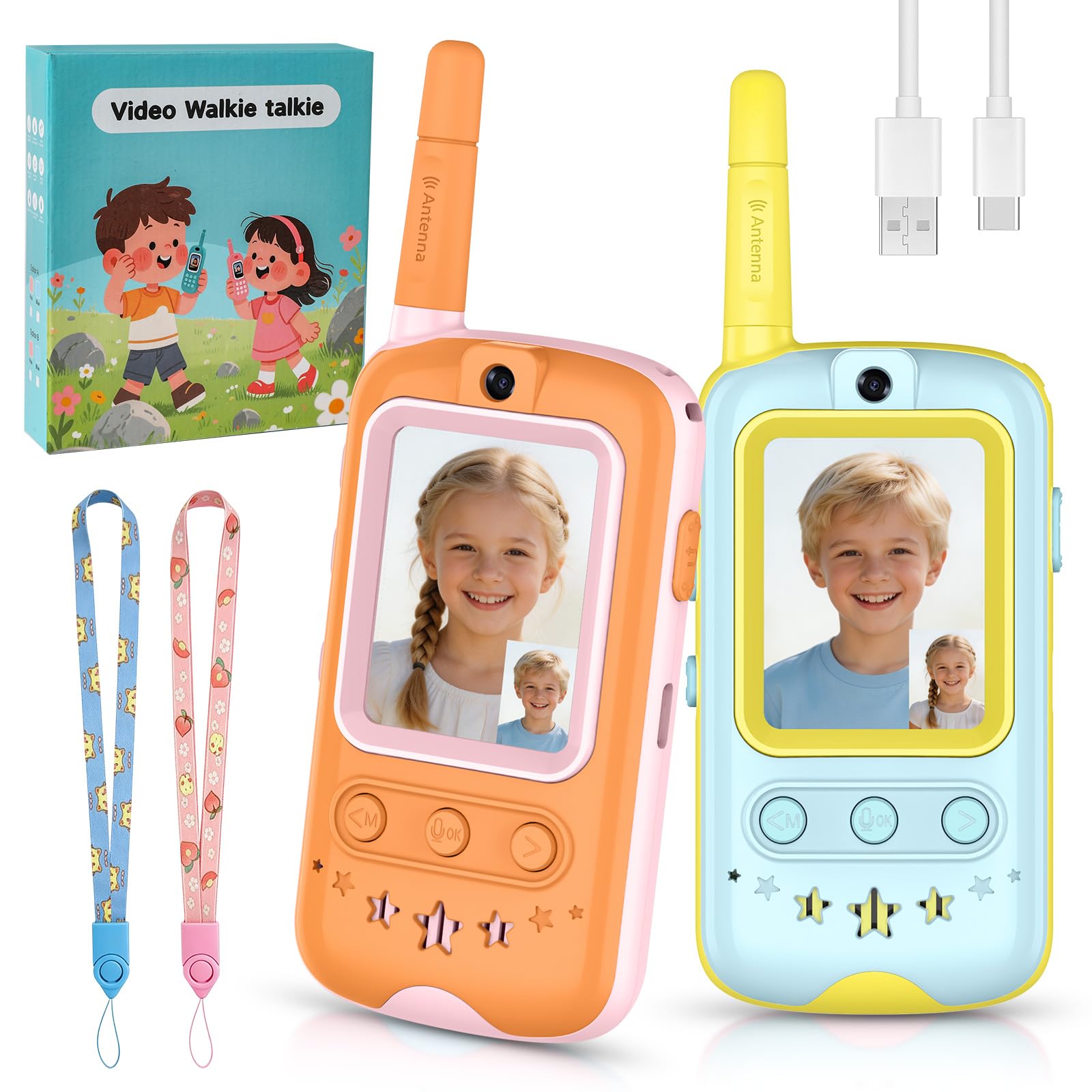 Talkie-Walkie Vidéo pour Enfants, 2 Talkies-Walkie Rechargeable avec Chat Vidéo et SMS, Jeux Intégrés, Changeur de Voix, Photographier, Cadeau de Jouet Interactif pour Garçons et Filles (Jaune+Orange)
