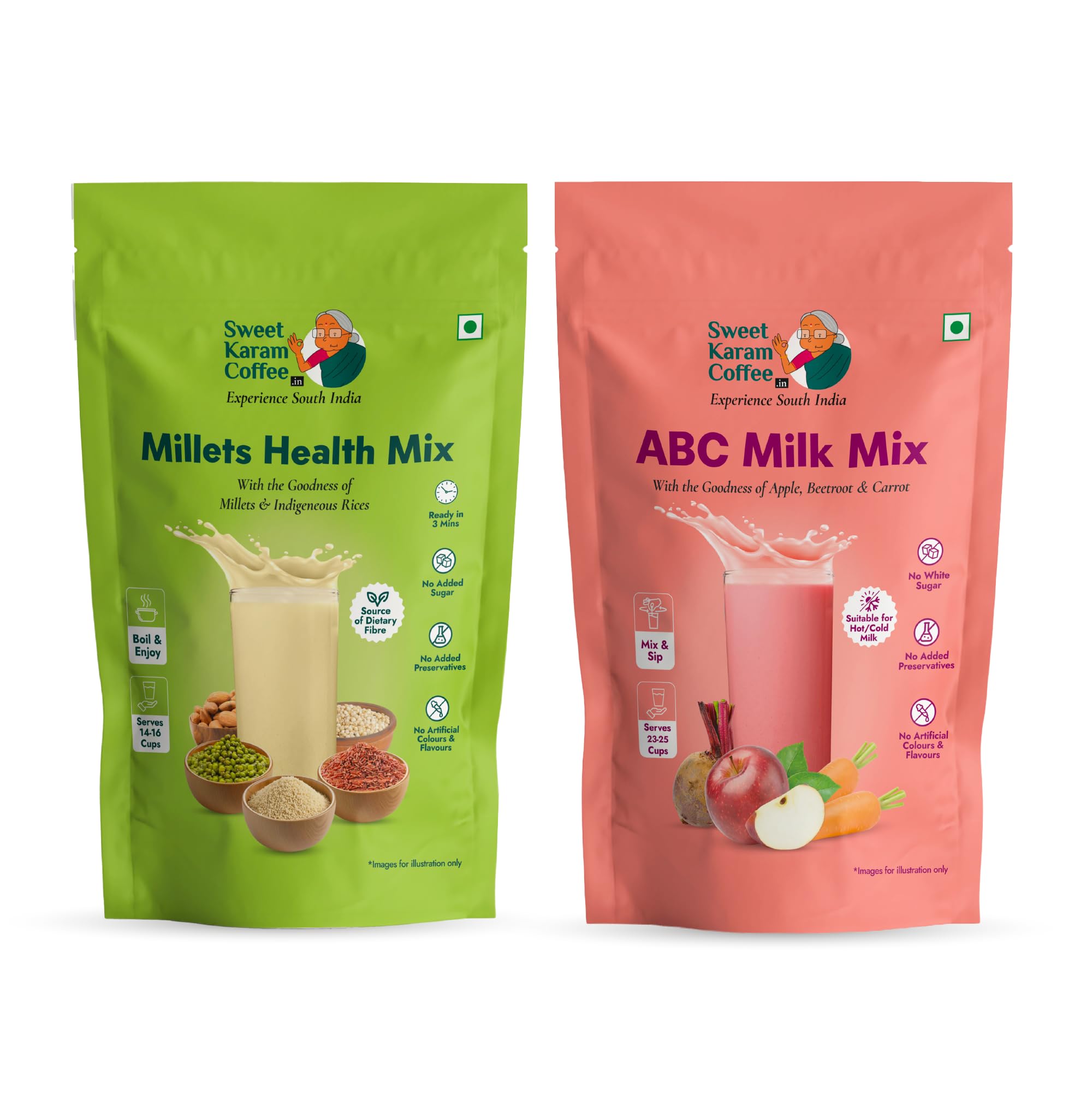 Sweet Karam Coffee ABC Nutri Mix + Millets Health Milk Mixes Combo – Pack of 2 (250g Each) | 100% Natural | No Refined Sugar | Rich in Fiber & Calcium | Healthy Nutritional Drink for Kids & Adults