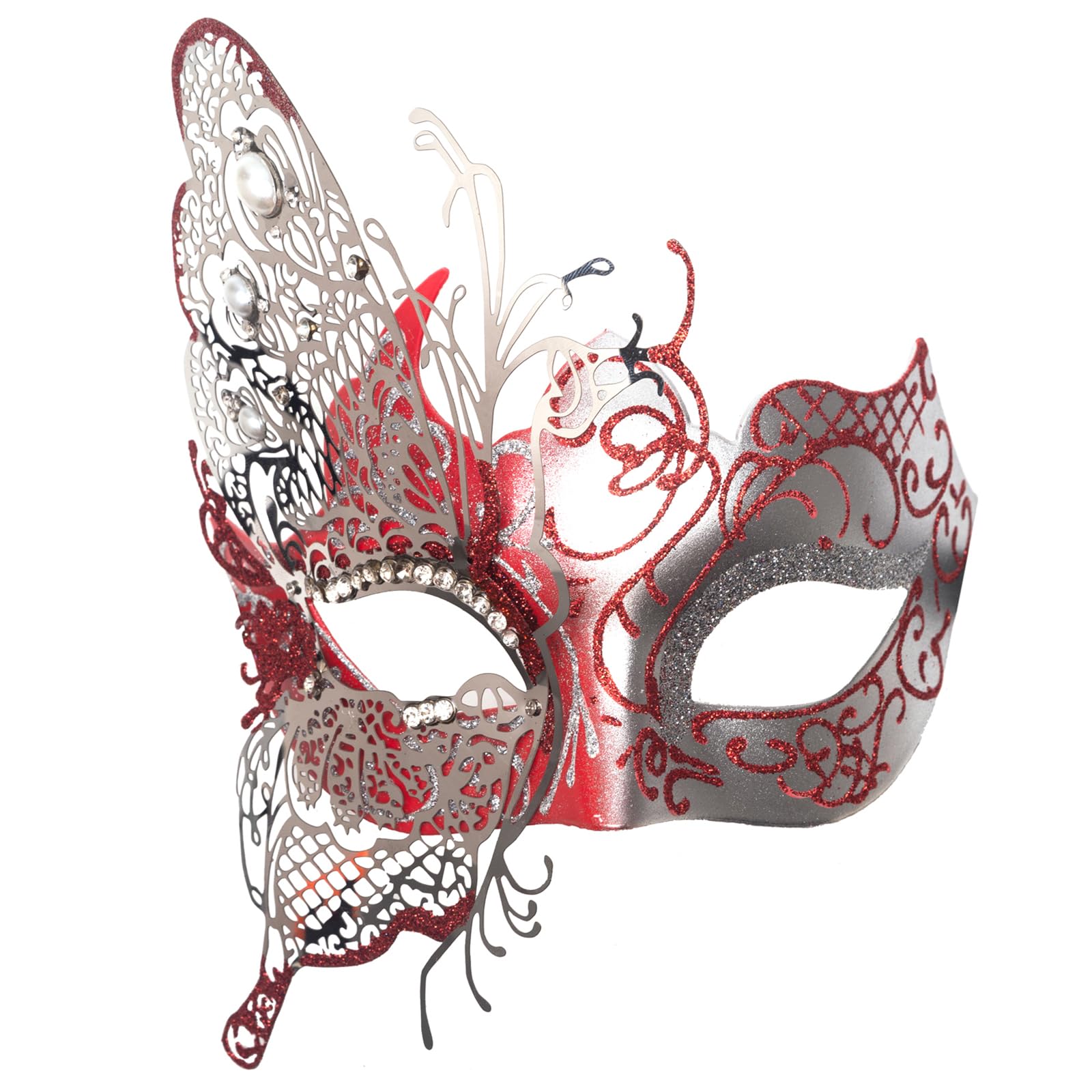 Seglorwy Womens Masquerade Mask Metal Rhinestone Venetian Halloween Christmas Evening Prom Ball Party Mask (Butterfly Red Silver) โ image 1