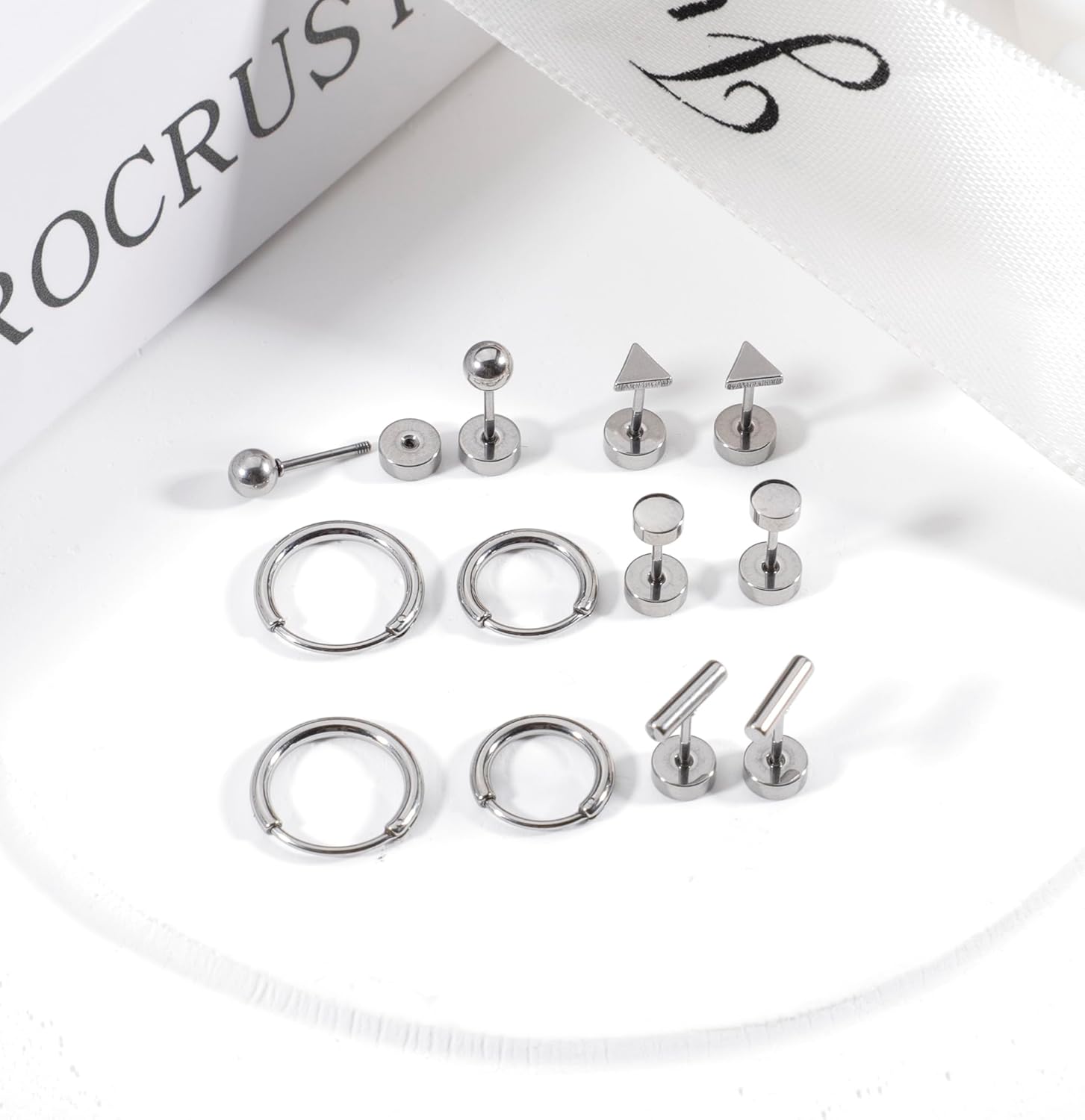 Staligue 6 Pairs Titanium Earrings for Women Men G23 Pure Titanium Earrings for Sensitive Ears Ball Dot Triangle 20G hypoallergenic Titanium Earrings Sets for Multiple Piercing Nap Flat Back Earrings Set - Image 4