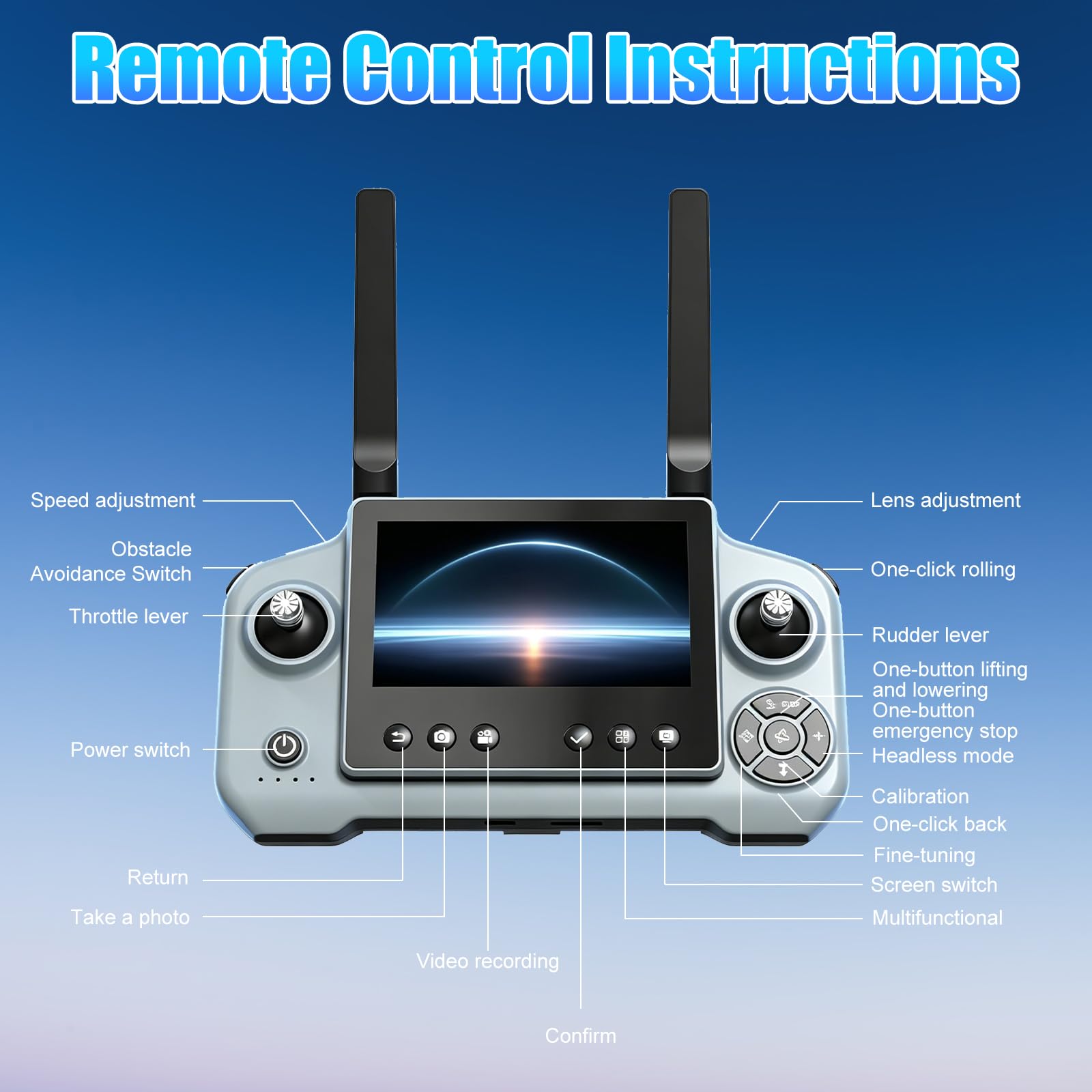 Dron con cámara, pantalla de 4.5'' de control remoto, juguete volador con cámara ajustable a 90°, con tarjeta SD, 2 baterías, adecuado para adultos y principiantes