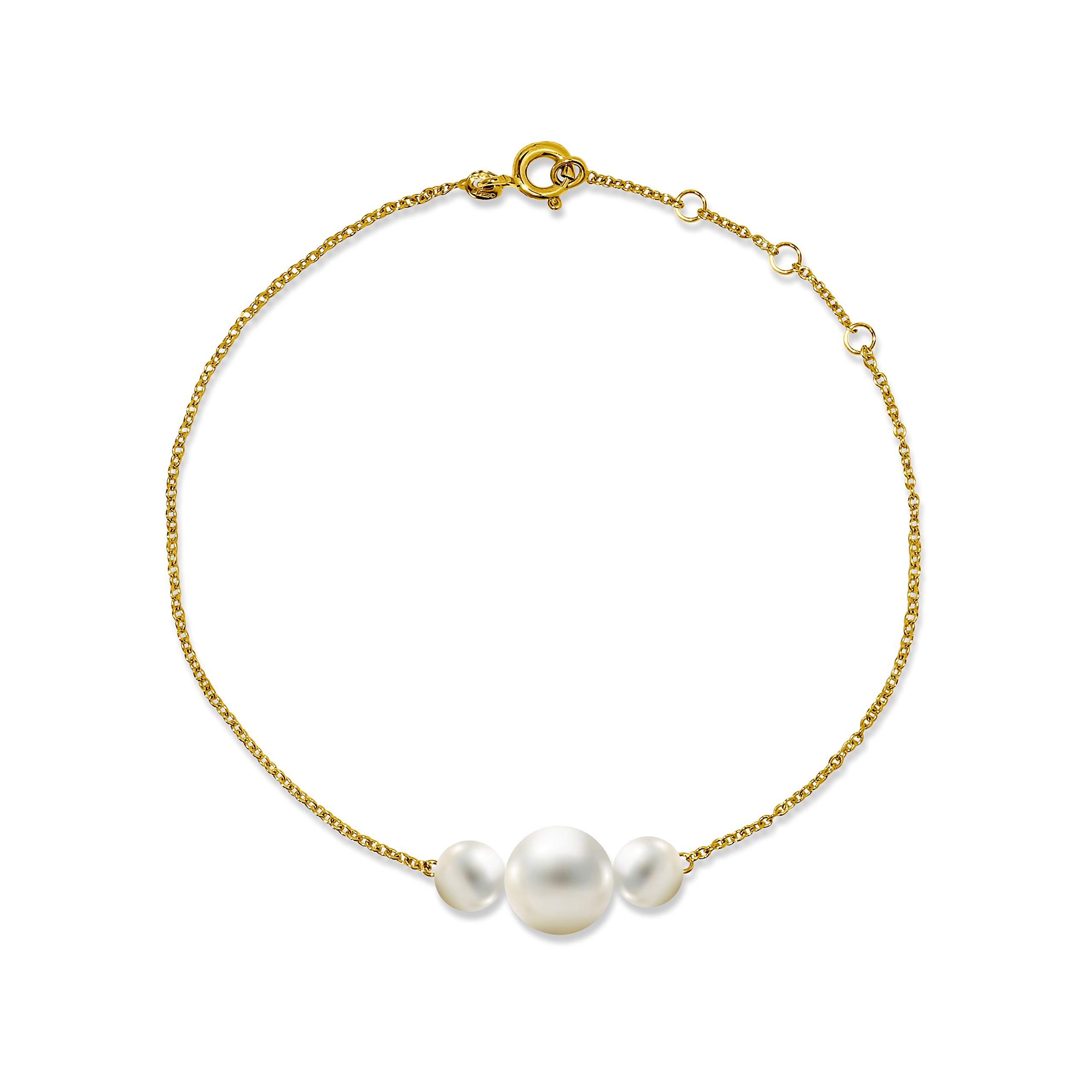 MIORE Schmuck Damen Armband mit 3 weiße runde Süßwasserperlen 6.5 mm Armkette aus Gelbgold 14 Karat / 585 Gold, Länge Einstellbar 18-22cm