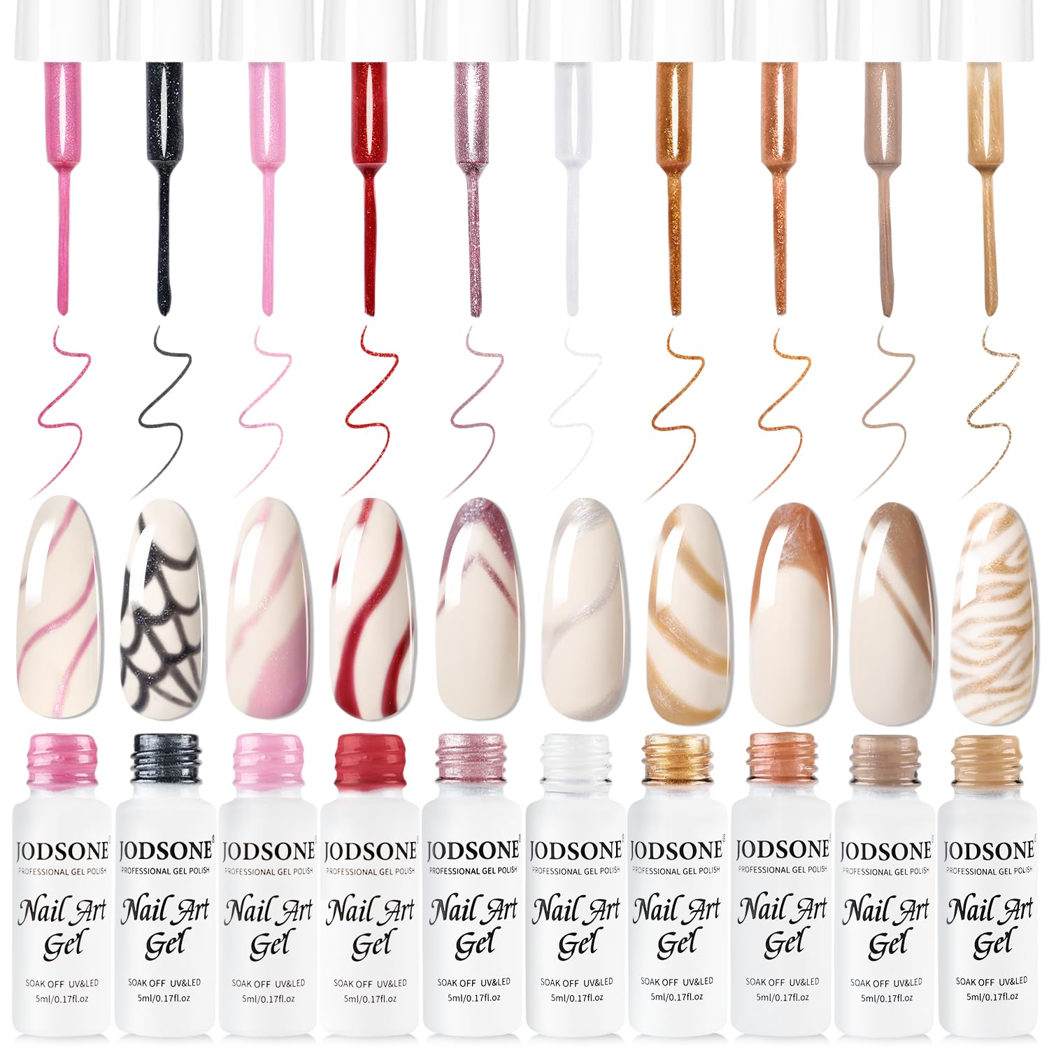 JODSONE Gel Liner Nail Art Kit, 10 Colors Glitter Red Black Pink