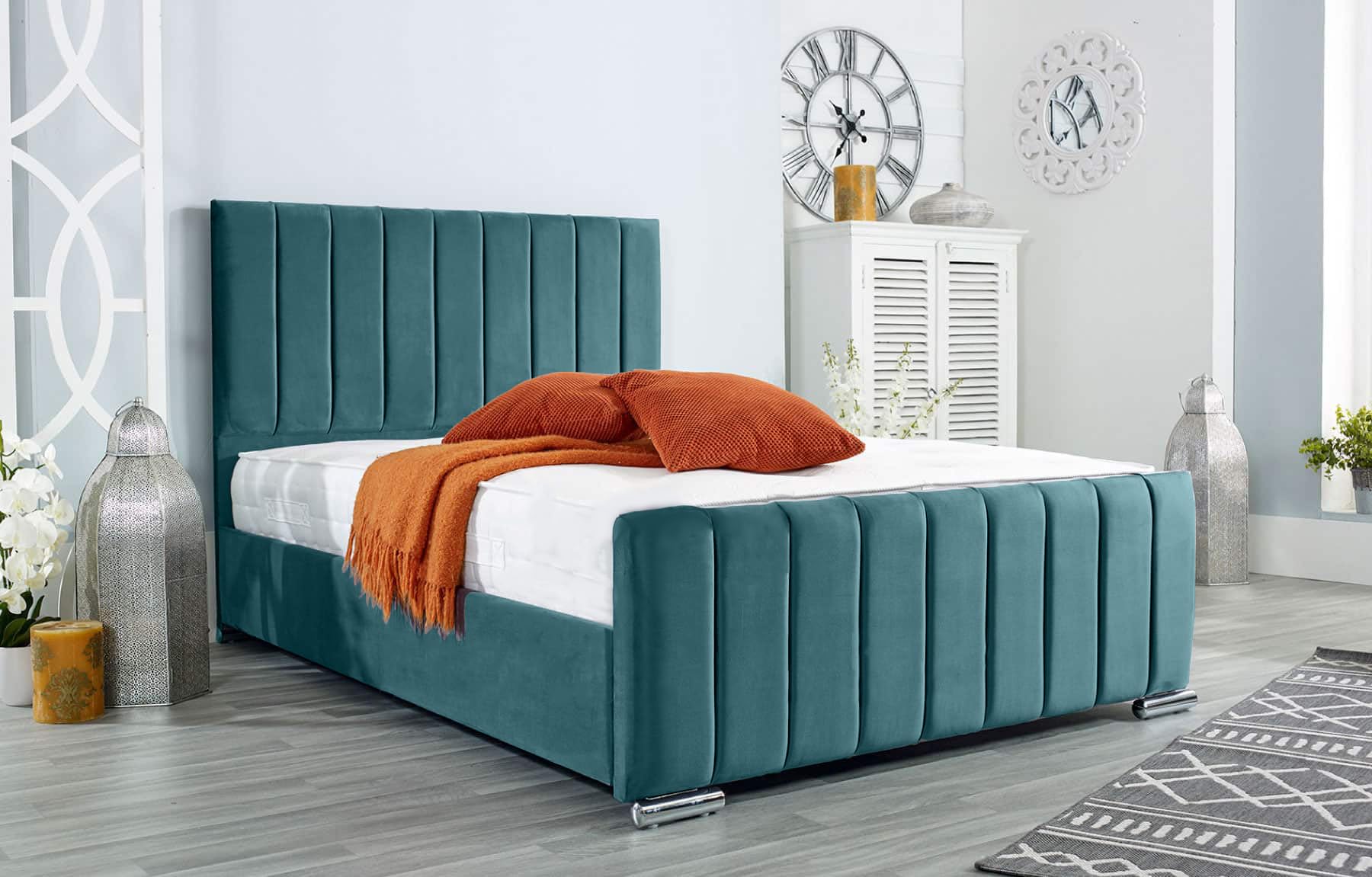 AuGold Beds Upholstered Panel Line 4FT Small Double Bed – Luxurious China Blue Plush Bed Frame with Headboard & Footboard – Durable Modern Panel Design for Stylish Compact Bedrooms (Small Double)