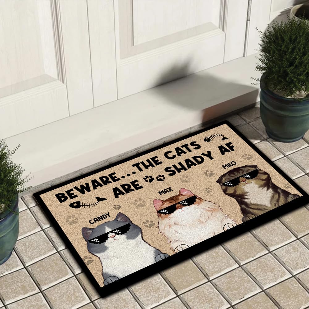Personalized Cat Doormat Gift for Pet Lovers, Beware The Cats are Shady AF, Funny Indoor Outdoor Entrance Doormat, Welcome Home Anti Slip Rug