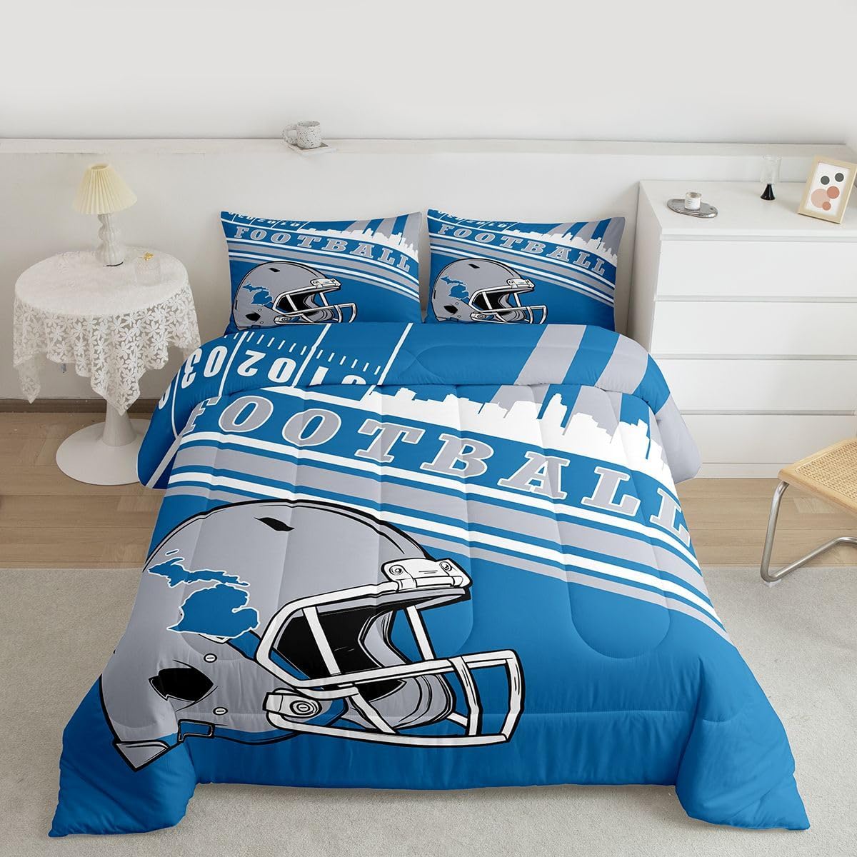 Erosebridal Queen Comforter Set Gridiron Theme Bedding, 3D Sports Helmet Bedding Comforters & Sets for Kids Boys Football Seasonal Color Blue Stripes Duvet Insert with 2 Pillowcases