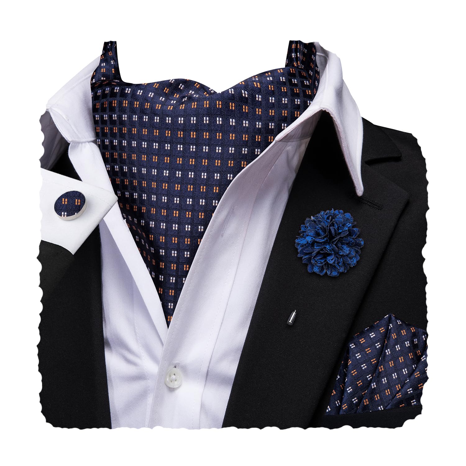 Hi-Tie Silk Ascot for Men Self Tie Men's Cravat and Flower Lapel Pin Handkerchief Cufflinks Set for Wedding Party