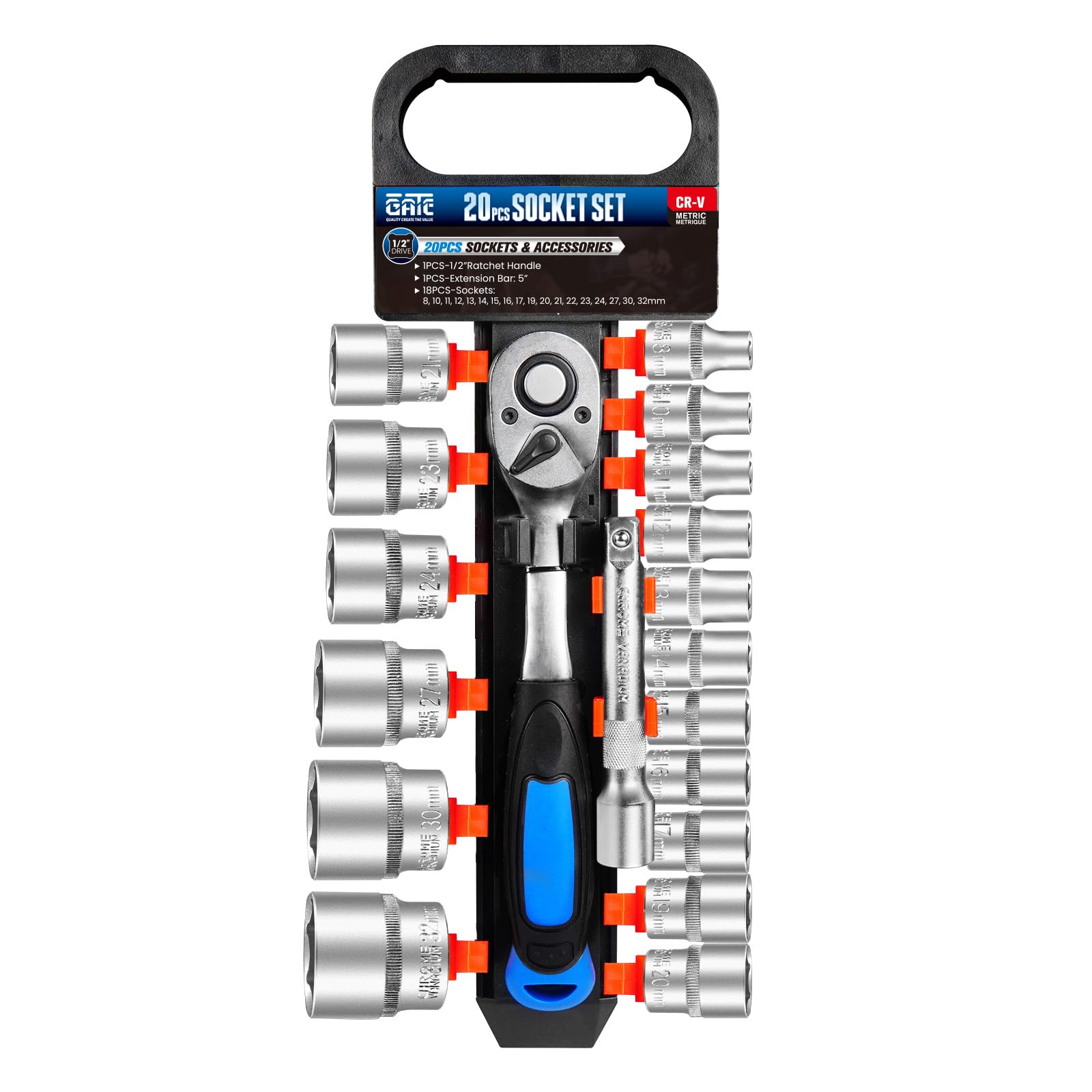 pgroup 20 PCS 1/2" Drive Metric Socket Wrench Set,90-Tooth Reversible Ratchet Handle，6 Point Shallow Sockets (8-32mm) and Extension Bar 5", CR-V Steel