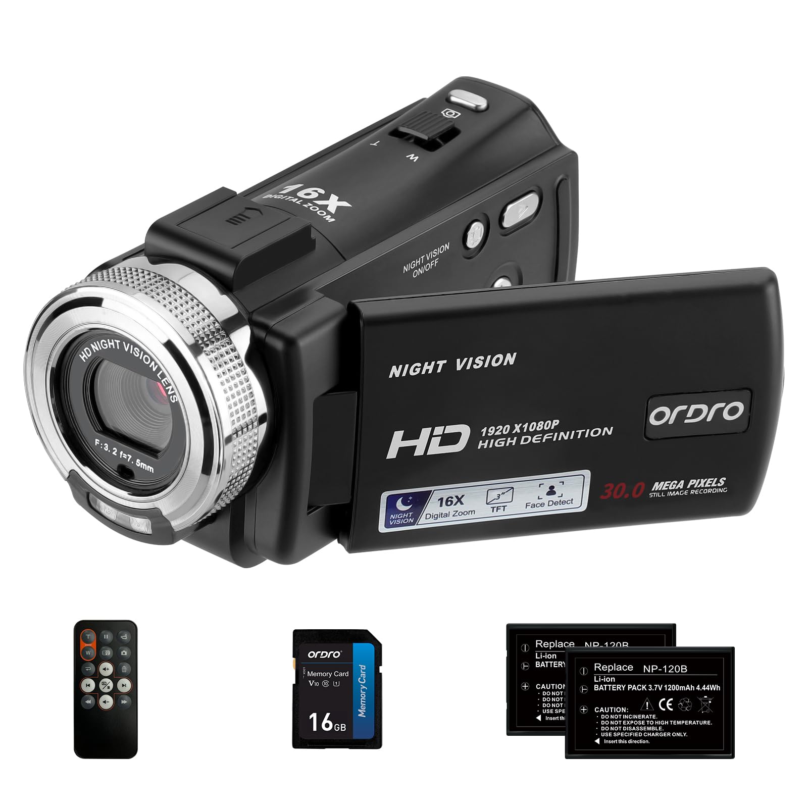 ORDRO Camcorders HDV-V12 HD 1080P Video Camera Recorder Infrared Night Vision Camera Camcorders with 16G SD Card and 2 Batteries