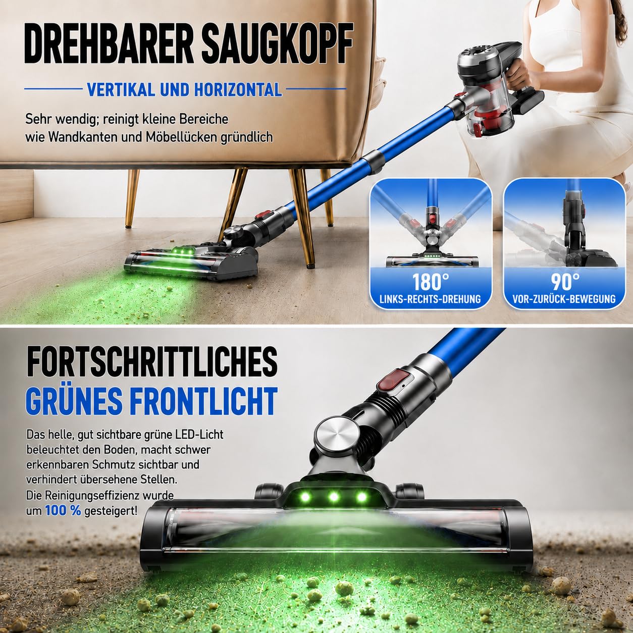 Akku Staubsauger Kabellos, 50kPa/50min, Anti-Tangle, Leichtbau, Gruine LED | 180° Lay-Flat Design, 1,6 L Staubsauger, Ultraleise, Mehrstufige Filtration, Umfangreiches Zubehör, für Tierhaare/Hartböden