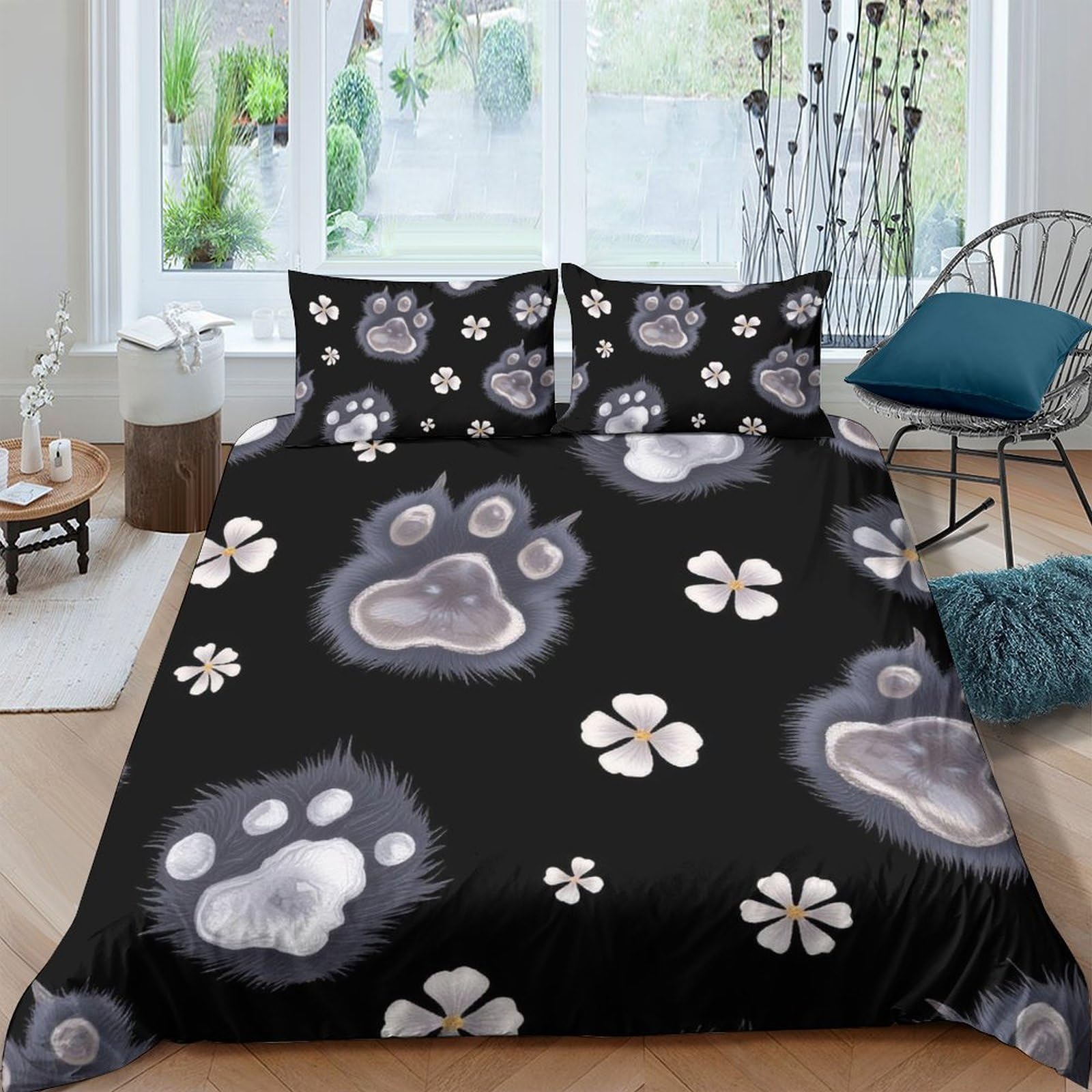 Ctjqhvkz Style-2 3D Printed Black Paw Fitted Sheet Microfiber Soft Non-Slip Flower Bed Cover For Bedroom Guest Room Decor Easy Care Single（135X200cm）