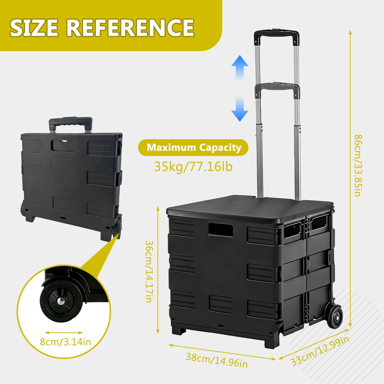 Faltbarer Einkaufswagen, Aufbewahrungsbox Trolley mit Rollen und verstellbaren Teleskopgriffen und Abdeckungen, schwerer Trolley auf Rädern, zusammenklappbarer Kofferraumwagen für Camping, Picknicks