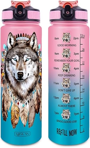 Miniatura 15 de Botella de agua de lobo de 32 onzas con marcador de tiempo, apertura de un clic, boca ancha, sin BPA, rastreador motivacional (negro)