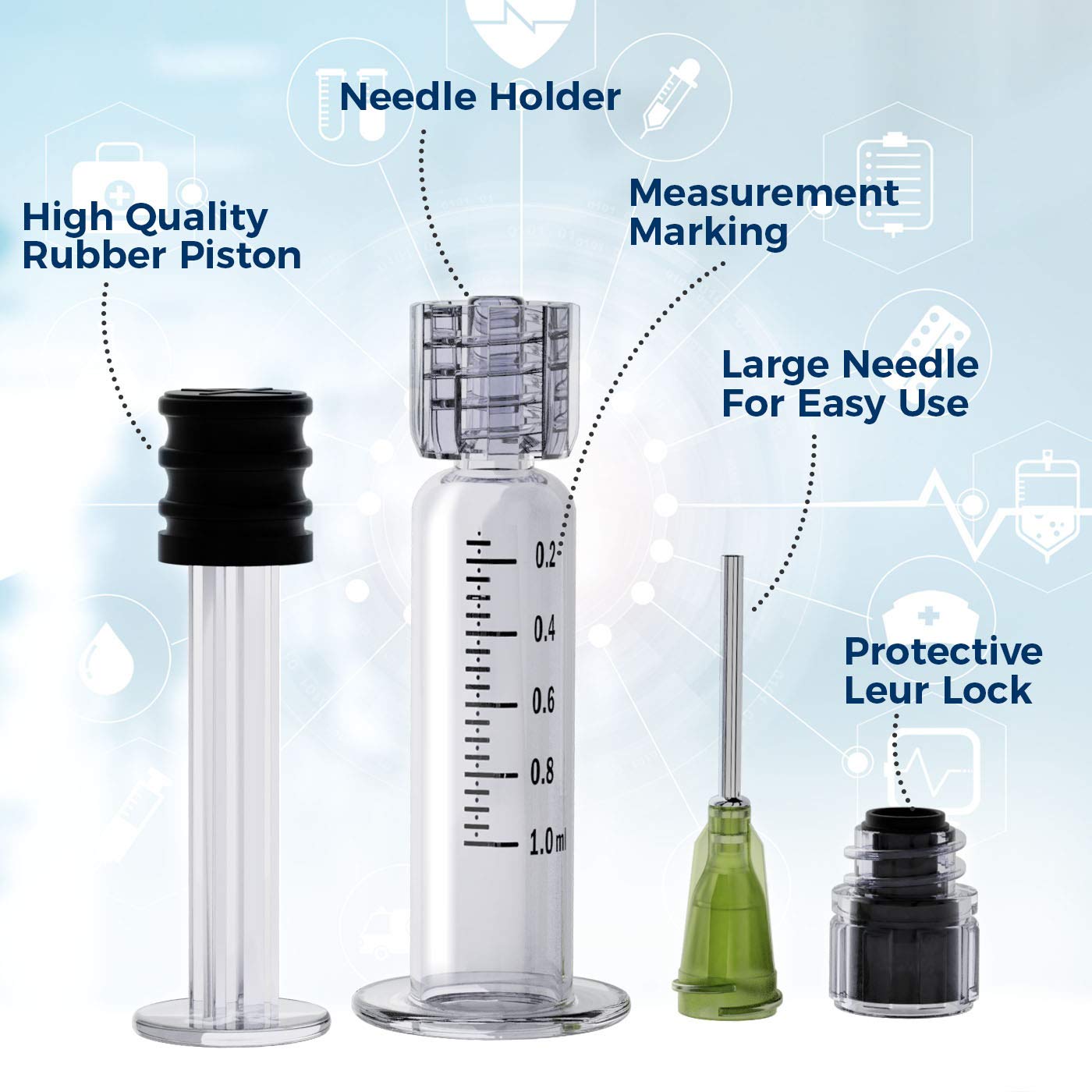 MyMed 5 Pack Borosilicate Glass Luer Lock Syringe 1ml Capacity Reusable