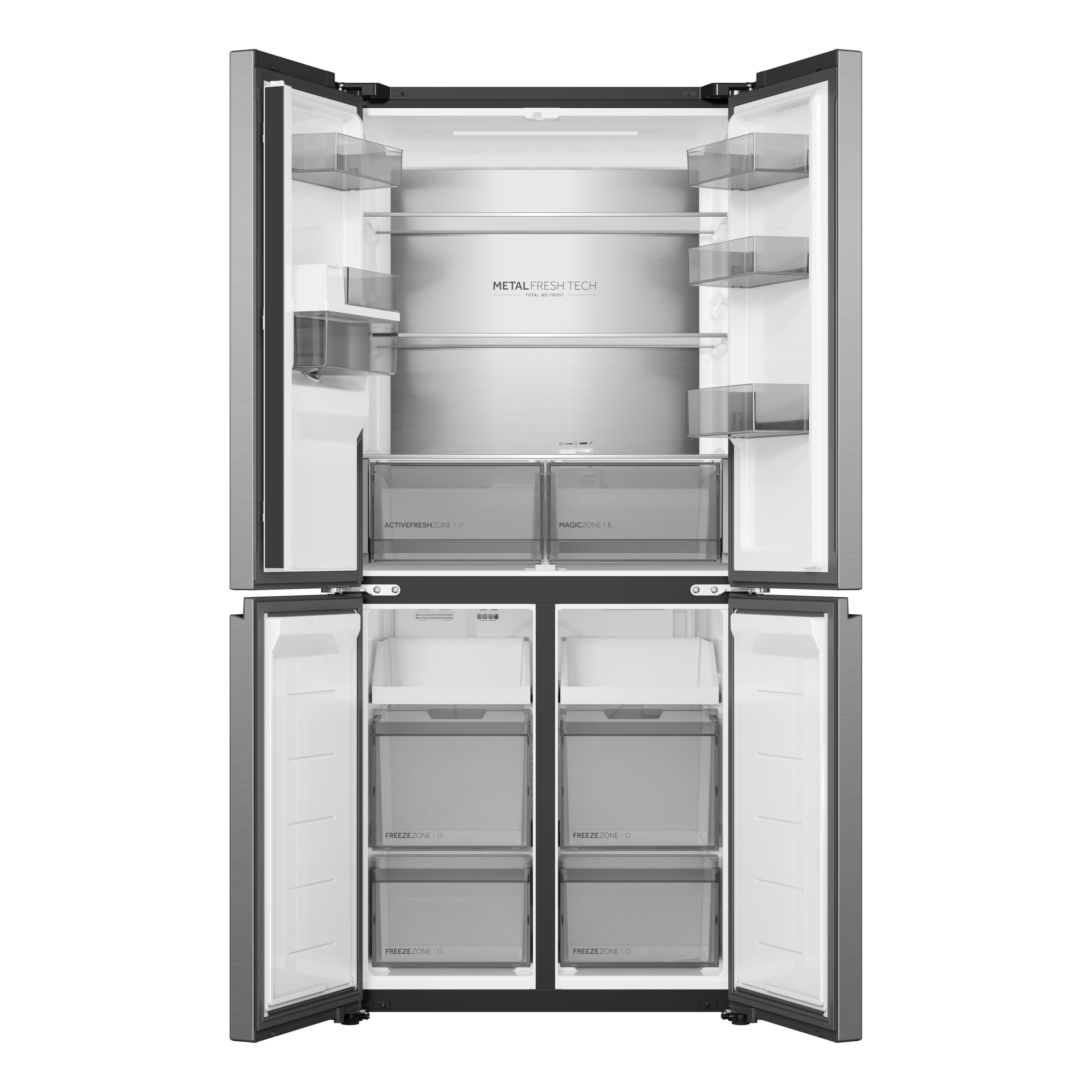 Haier Frigorífico Americano con Dispensador de Agua, Inox [HCR58S18CWMM] | Capacidad 523L, 4 Puertas, 83 An. x 185 Al. cm, Total No Frost, Motor Inverter, Magic Zone, Active Fresh Zone