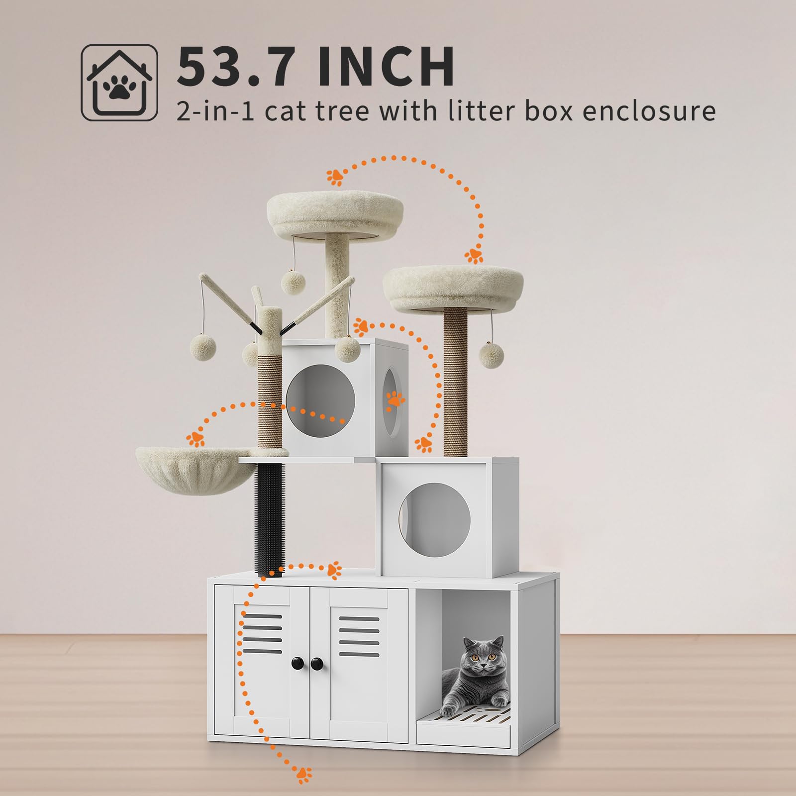 Árbol Rascador Grande Multifunción para Gatos – Cama Suave,Mueble con Caja De Arena Oculta y Múltiples Plataformas – Ideal para Hogares con Varios Gatos – Espacio Descansar y Jugar,140CM