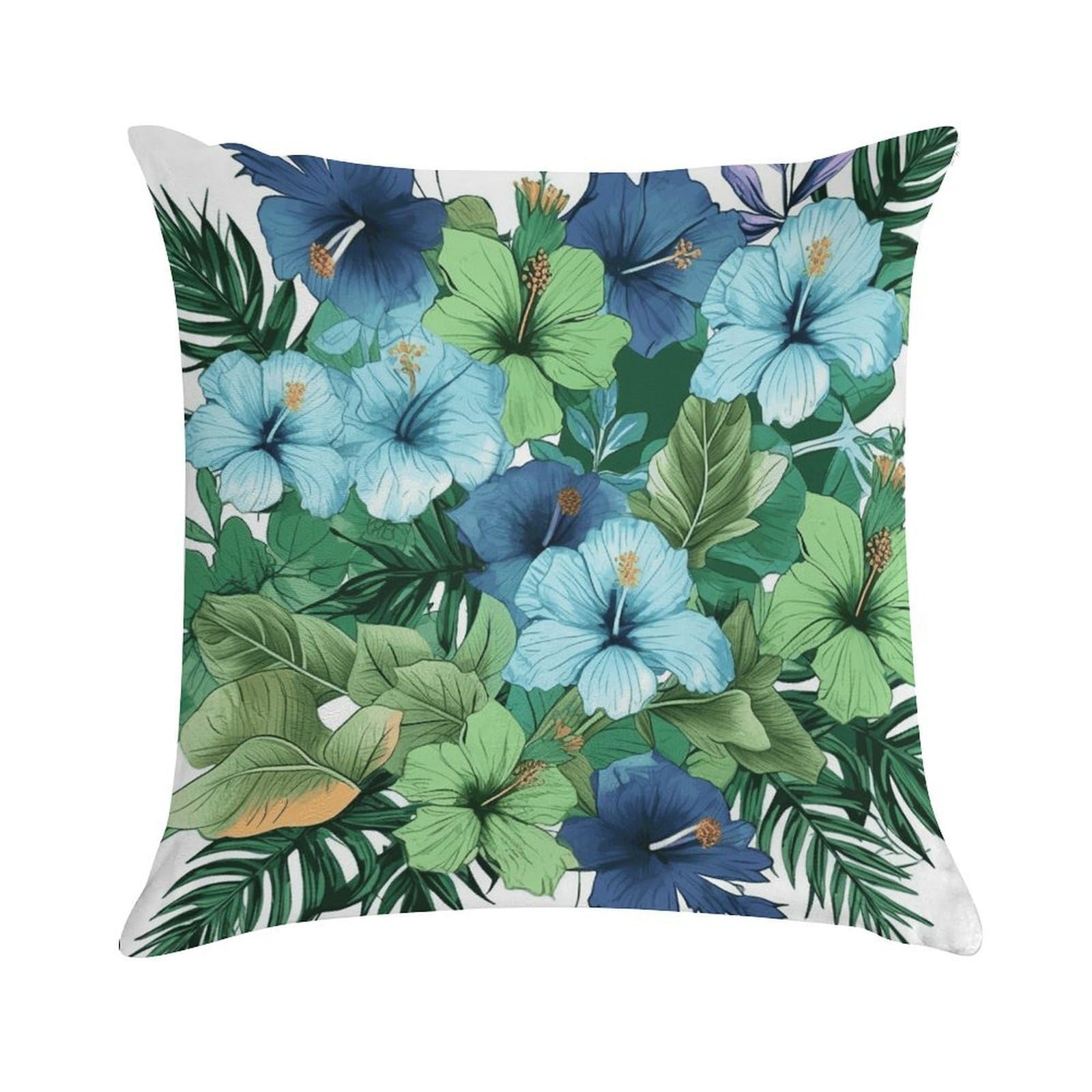 VstaDank Green and Blue Hibiscus Flowers Throw Pillow Cover Square Lumbar Throw Pillow Case Soft Decorative Cushion Cases Short Plush Pillowcase with Zipper Luxury Cozy Pillows Shams for All Seasons