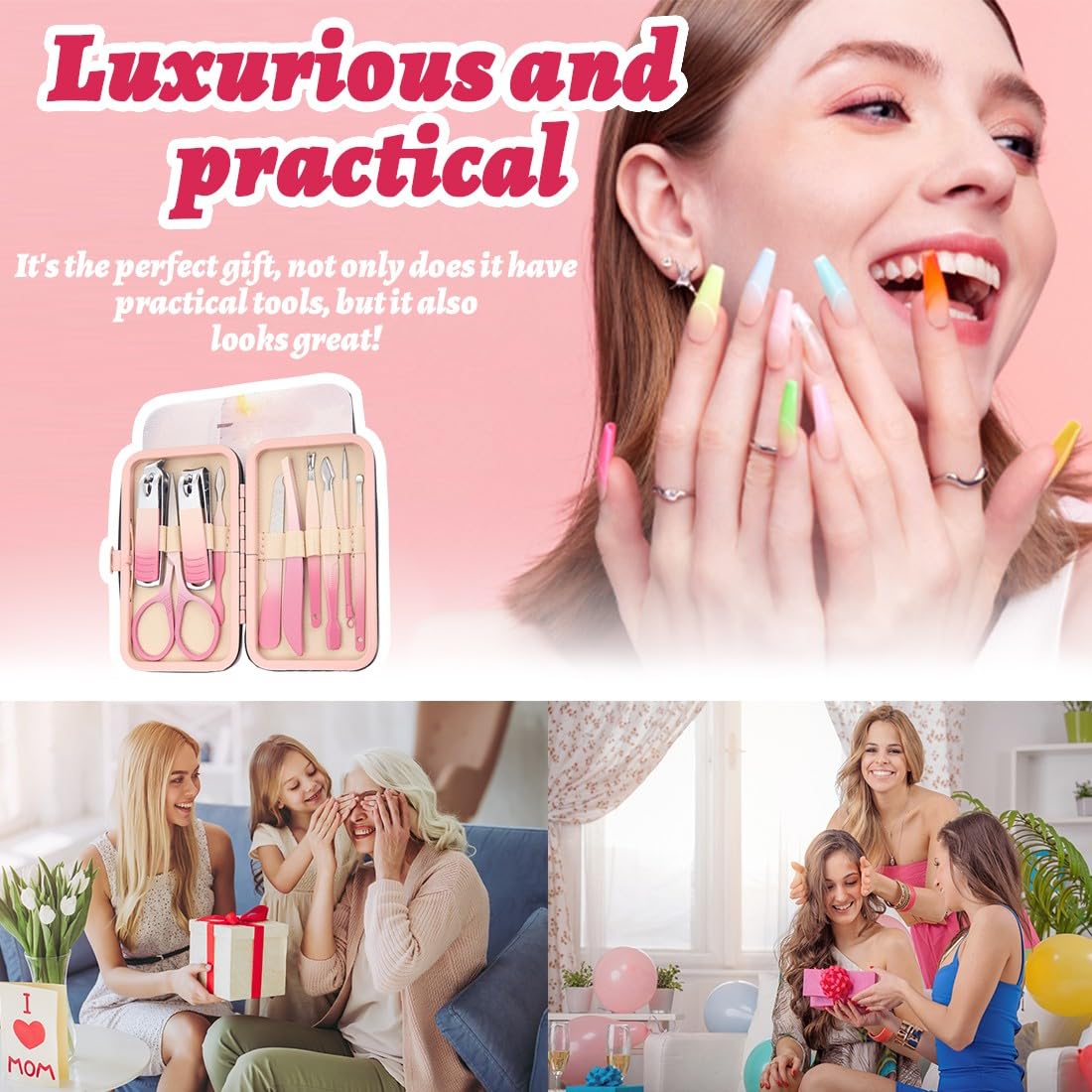 Tagliaunghie Set Professionale, 10 Pezzi kit unghie, set manicure, set unghie, kit manicur, Grooming Kit Strumenti per Manicure, Grooming con Bella Box (rosa)