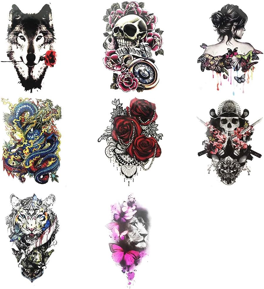 Everjoy Garish Large Sleeve Temporary Tattoos - 8 Sheets, Colorful, Gangster, Cool Body Art Tattoo Stickers for Adults, Women, Men, Boys and Girls