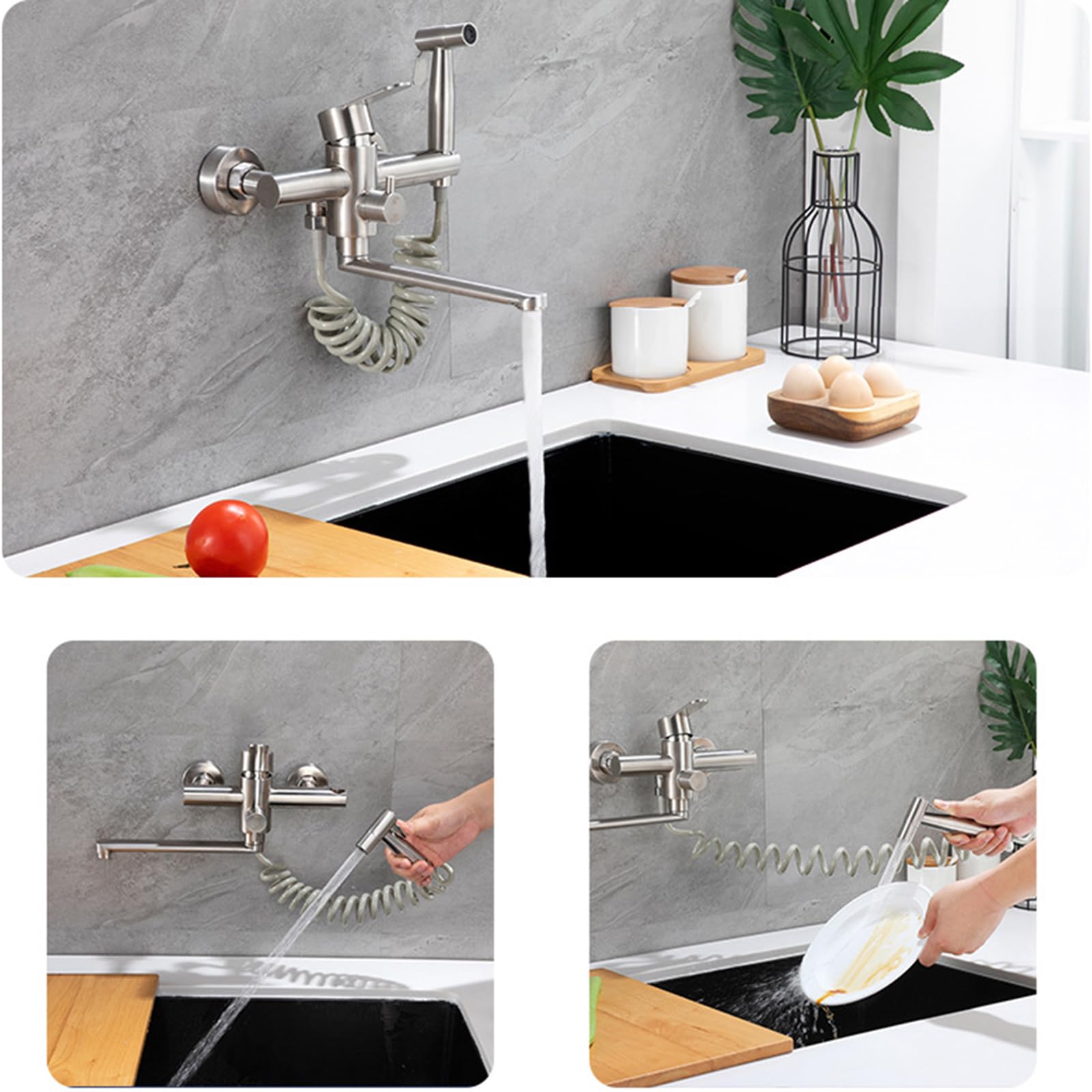 XJTNLB Grifos Cocina Fregadero Pared 23cm Grifo de Cocina Extraible Grifo Monomando Cocina Grifo Fregadero Pared,Negro