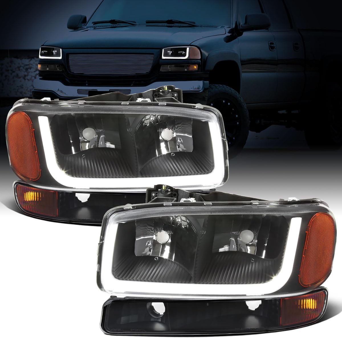 Ronnin - Fits 1999-2007 GMC Sierra 1500 2500 3500 Upgraded Replacement LED Tube Running Lights Headlights + Bumper Turn Signals Assembly Pair | Black