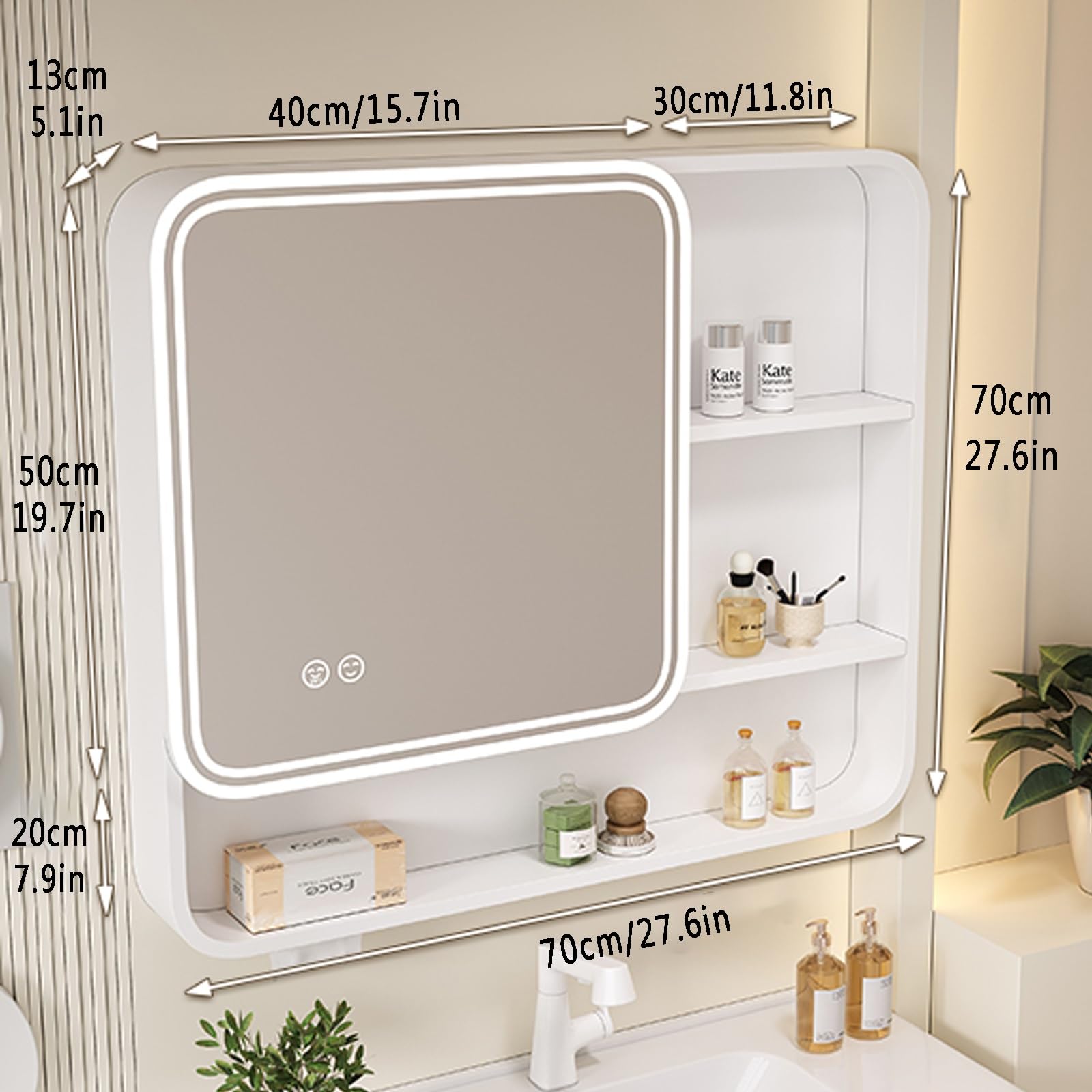 Espejo baño con almacenaje y luz Aluminio armario espejo baño con Espejo Antivaho Moderna ararmario baÃño pared con almacenaje de maquillaje con Interruptor Táctil agujeros de papel espacio abierto(Wh
