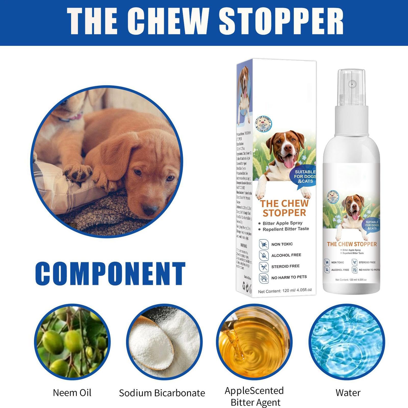 Spray anti-pipi pour chien | 120 ml pour chat – Aide au comportement pour l'urine, les déjections canines, meubles, tapis, maison, chiot, marquage, toilettes, aboiements, camping
