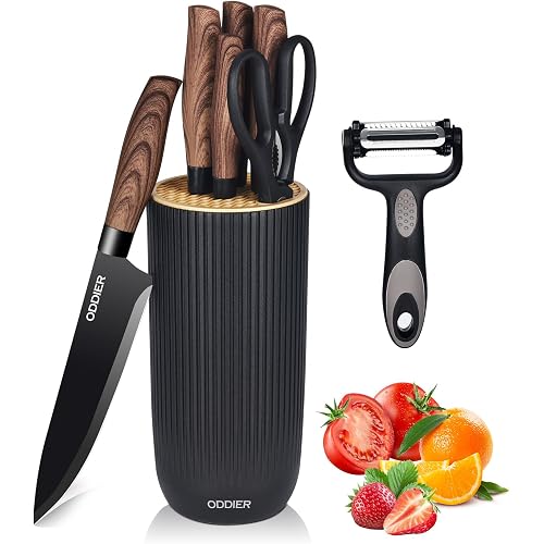 Knife Set, 8 Piece Kitchen Knife Set, Stainless Steel Knives Set for Kitchen, Universal Knife Block Set, Kitchen Kinfe Essentials, New Home Apartment Essentials, Dishwasher Safe (Black Wood-Grain)