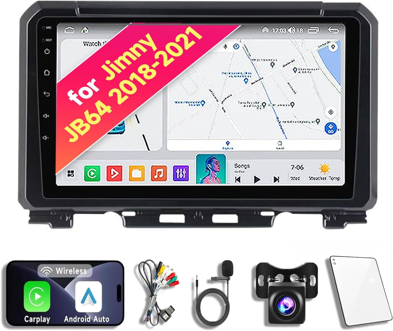 8CORE 4+64GB Android 14 Car Radio Stereo for 2018-2021 Suzuki Jimny JB64, 9 Inch Touch Screen Head Unit Dash Kit with Wireless CarPlay Android Auto, GPS Navigation Bluetooth SWC WiFi 5G DSP