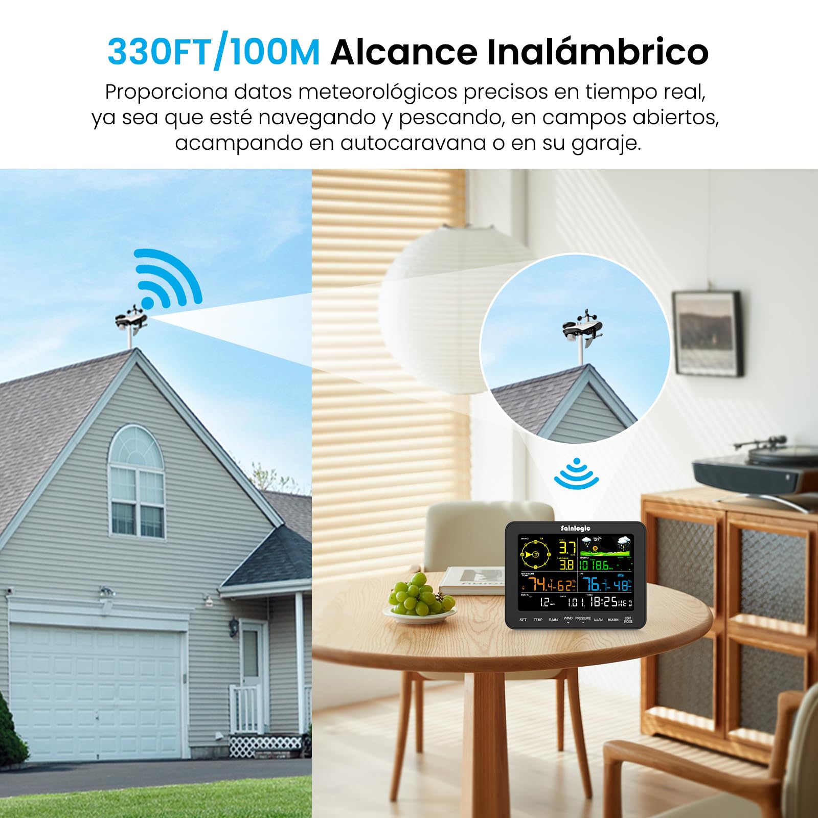 Sainlogic 5-in-1 Estación Meteorológica Interior Exterior, Estaciones Meteorológicas con Anemómetro, Termómetro, Higrómetro Digital, Pronóstico del Tiempo, Presión Atmosférica, Despertador