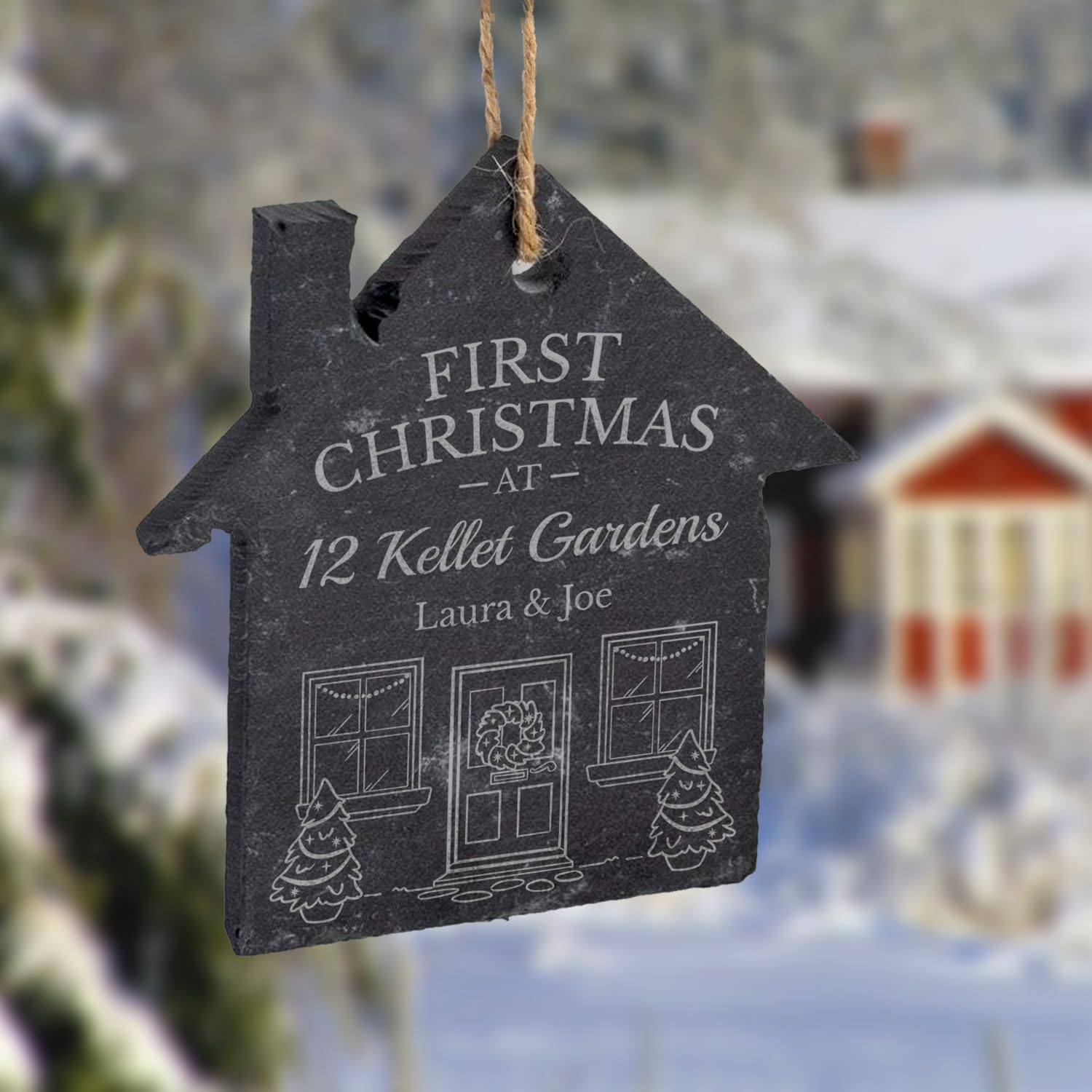 1 Personalised Customised First Christmas At Home Xmas Festive House Shaped Slate Bauble Tree Gift Decoration Ornament Present 70mm PTS Personalised