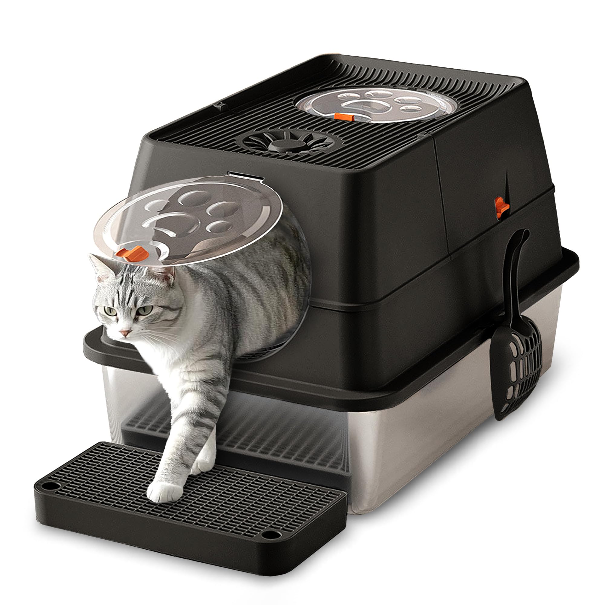 CALIYO Katzentoilette, Katzenklo Edelstahl mit Deckel, 3 in 1 Cat Litter Box, Katzenklo mit Schaufel & Pedal, Katzentoilette Geschlossen für Katzen bis 15 kg, Auslaufsichere (Schwarz,60 x 40 x 44 cm)