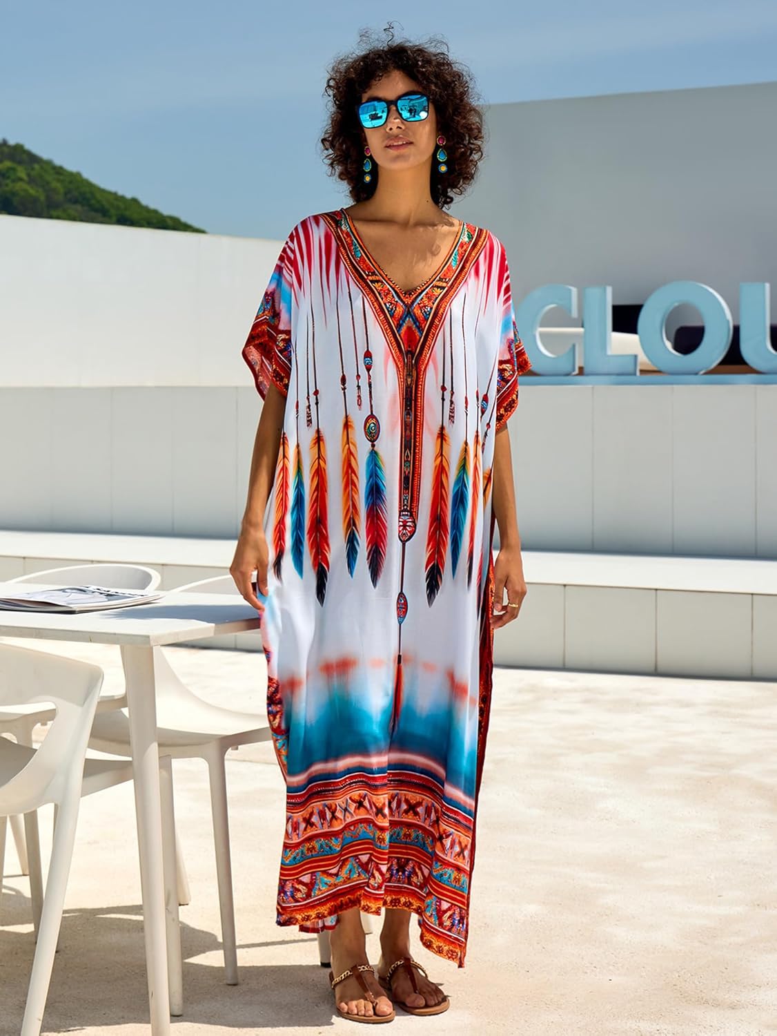 Chunoy Women Colorful Feather Print Kaftan V Neck Casual Bathing Suit Kimono Sleeve Side Split Beach Cover Up Caftan Dress - Image 7