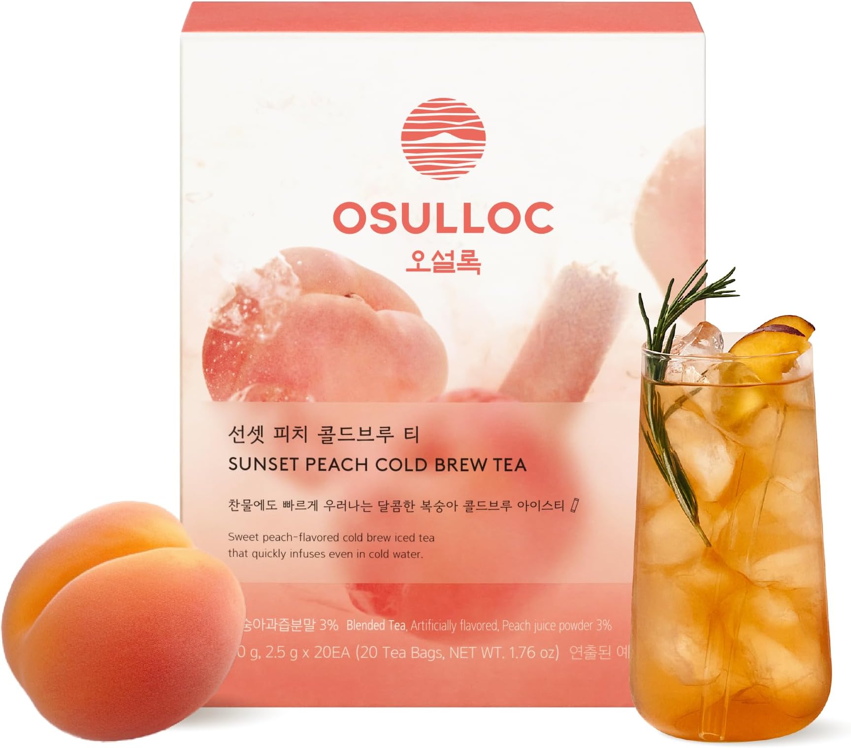 OSULLOC Sunset Peach Cold Brew Tea (20ea, 1.76oz), Sweet peach flavored iced tea, Hydration Tea Packets