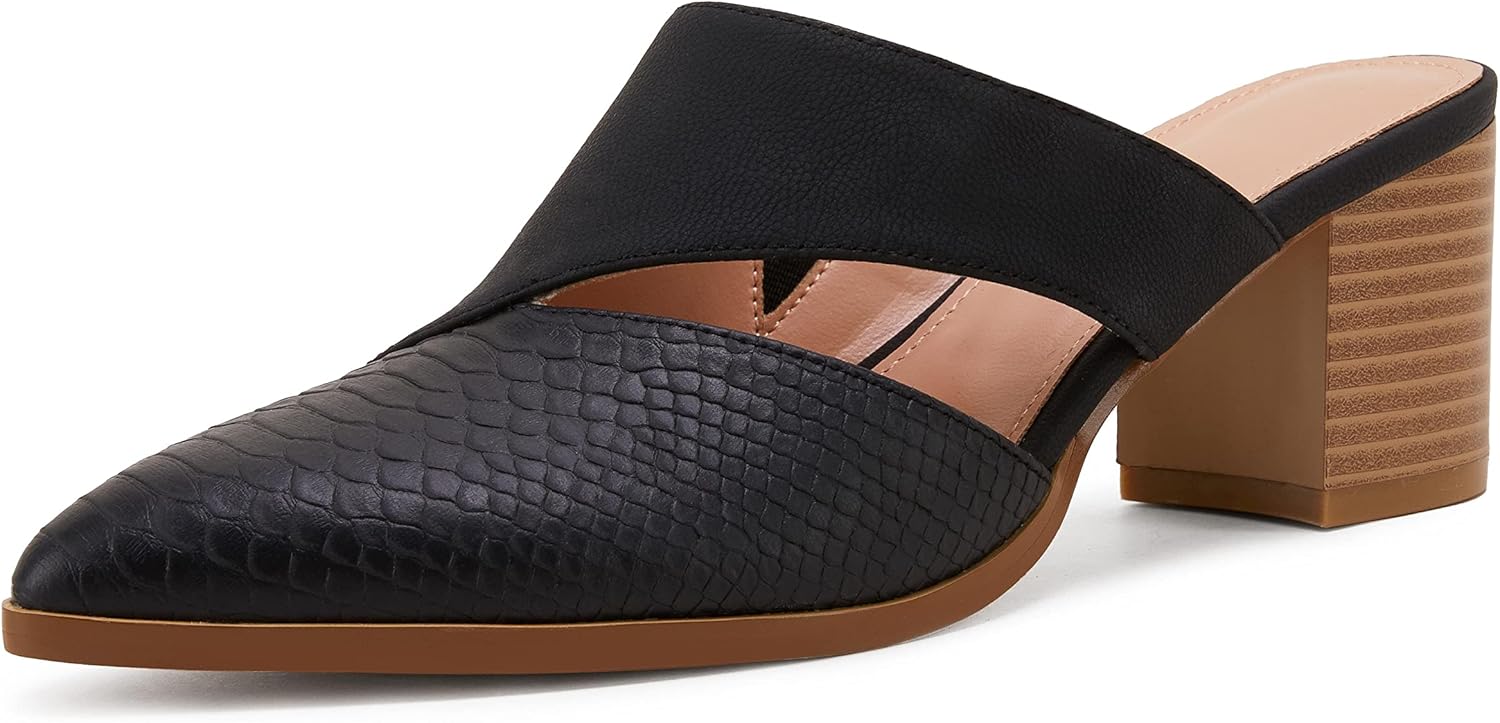 Syktkmx Women's Cutout Backless Mules Slip On Closed Toe Chunky Stacked Heeled Sandals